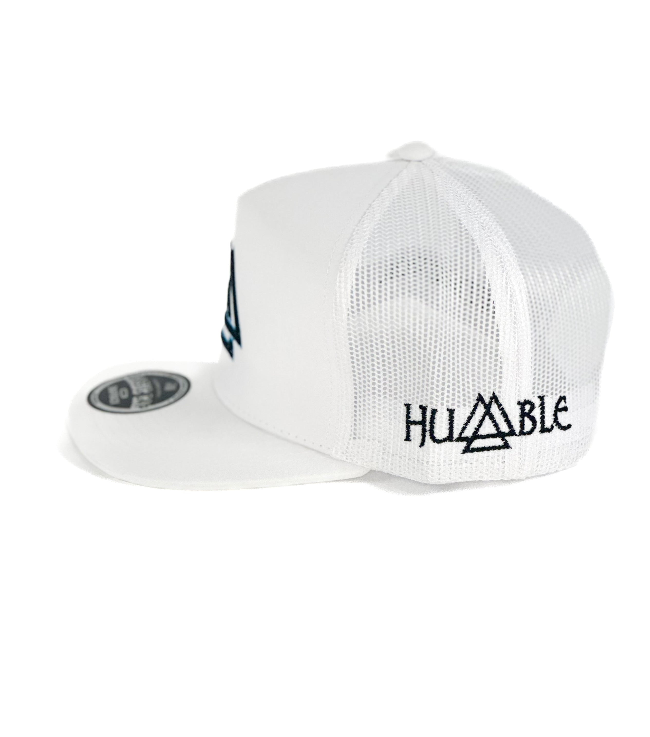 White mesh cap with Blue triangle  cuadra piedreros logo