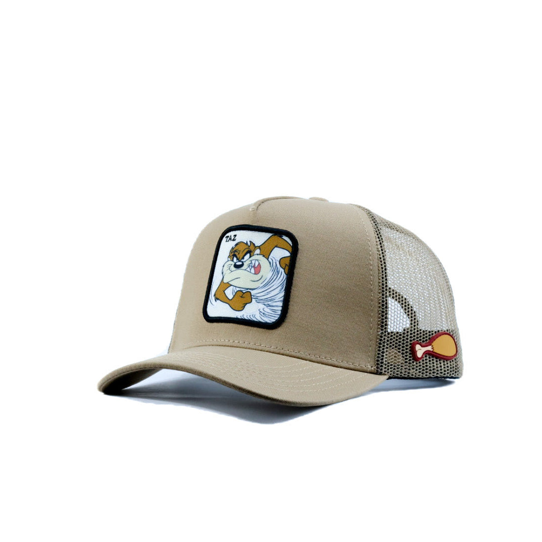 Beige trucker cap with taz logo and chicken leg patch