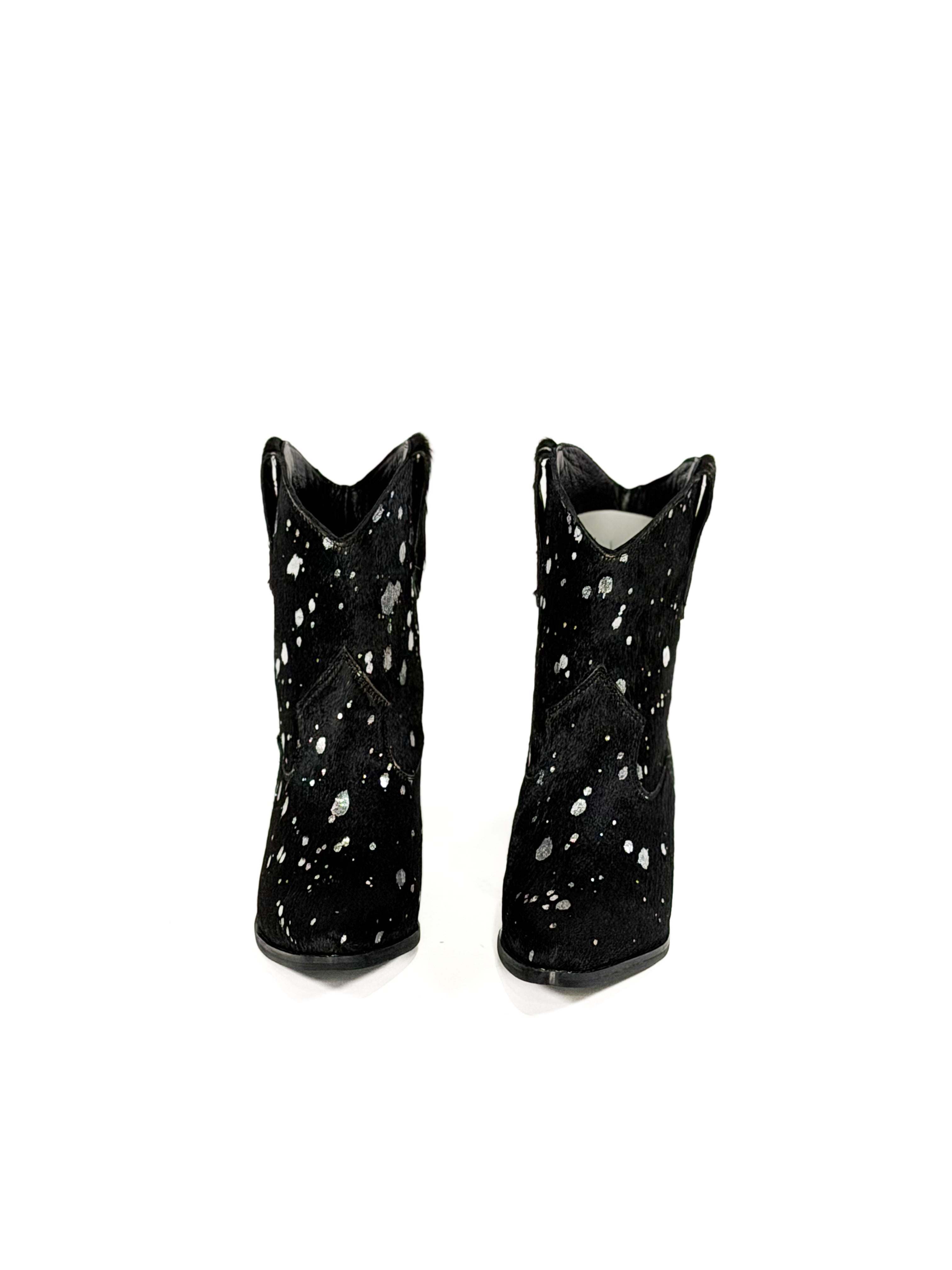 Black speck cowhide cowgirl booties
