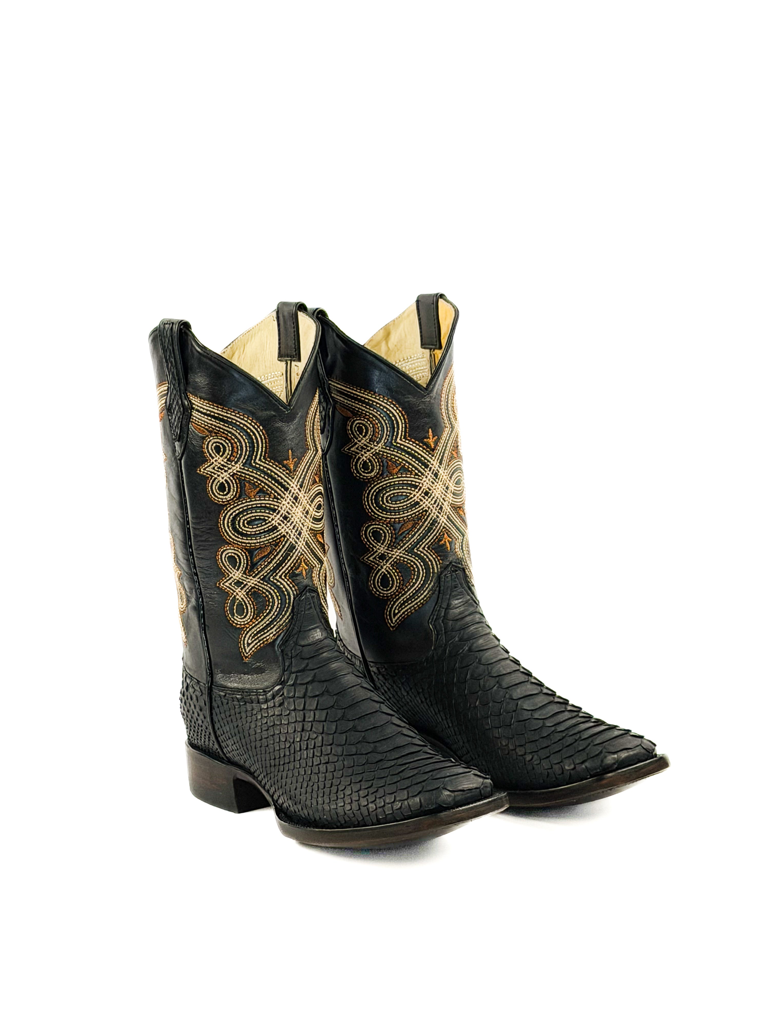 Pair of black square toe boots with gold stitching on a black upper shaft