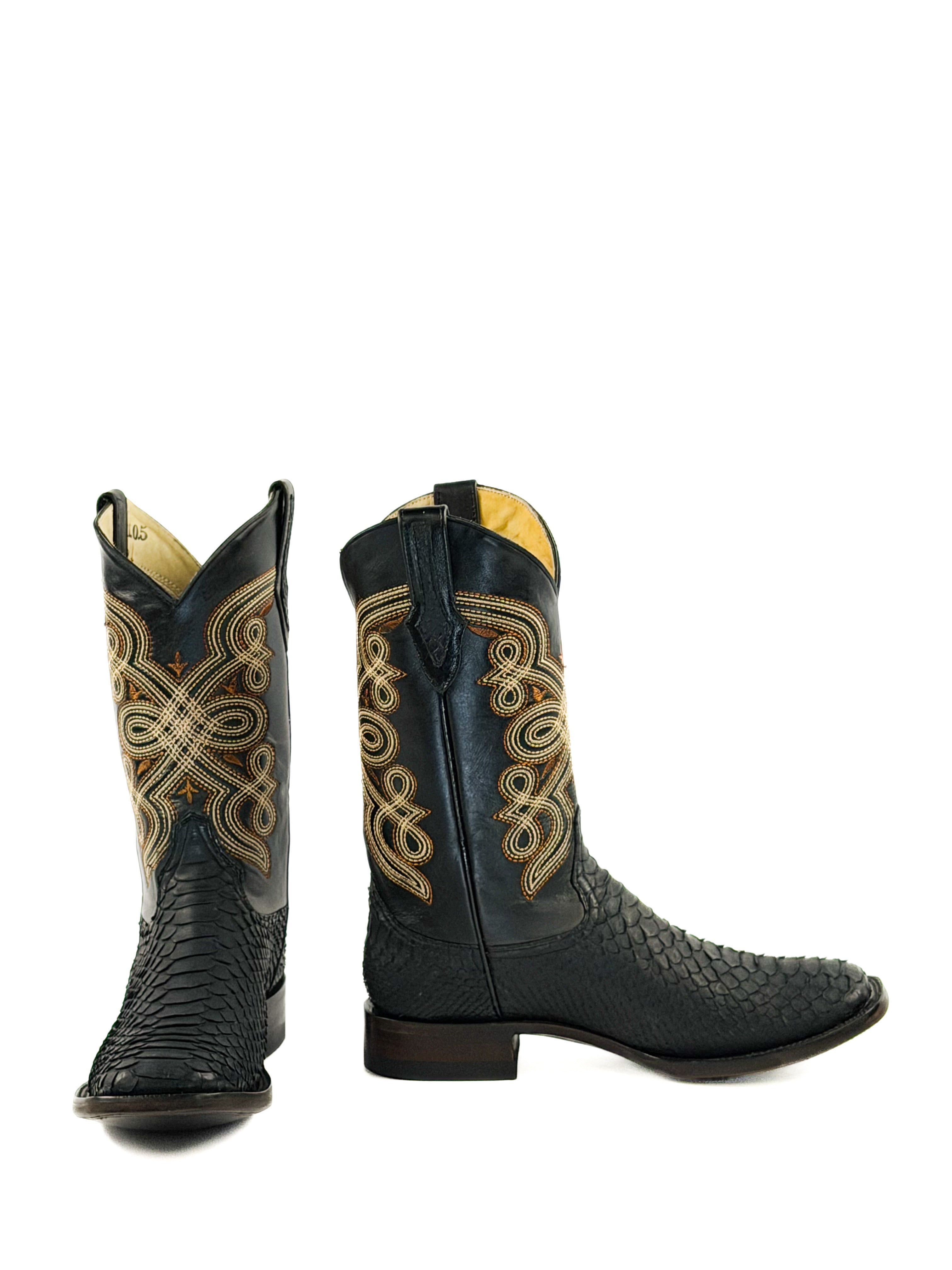 Pair of black square toe boots with gold stitching on a black upper shaft