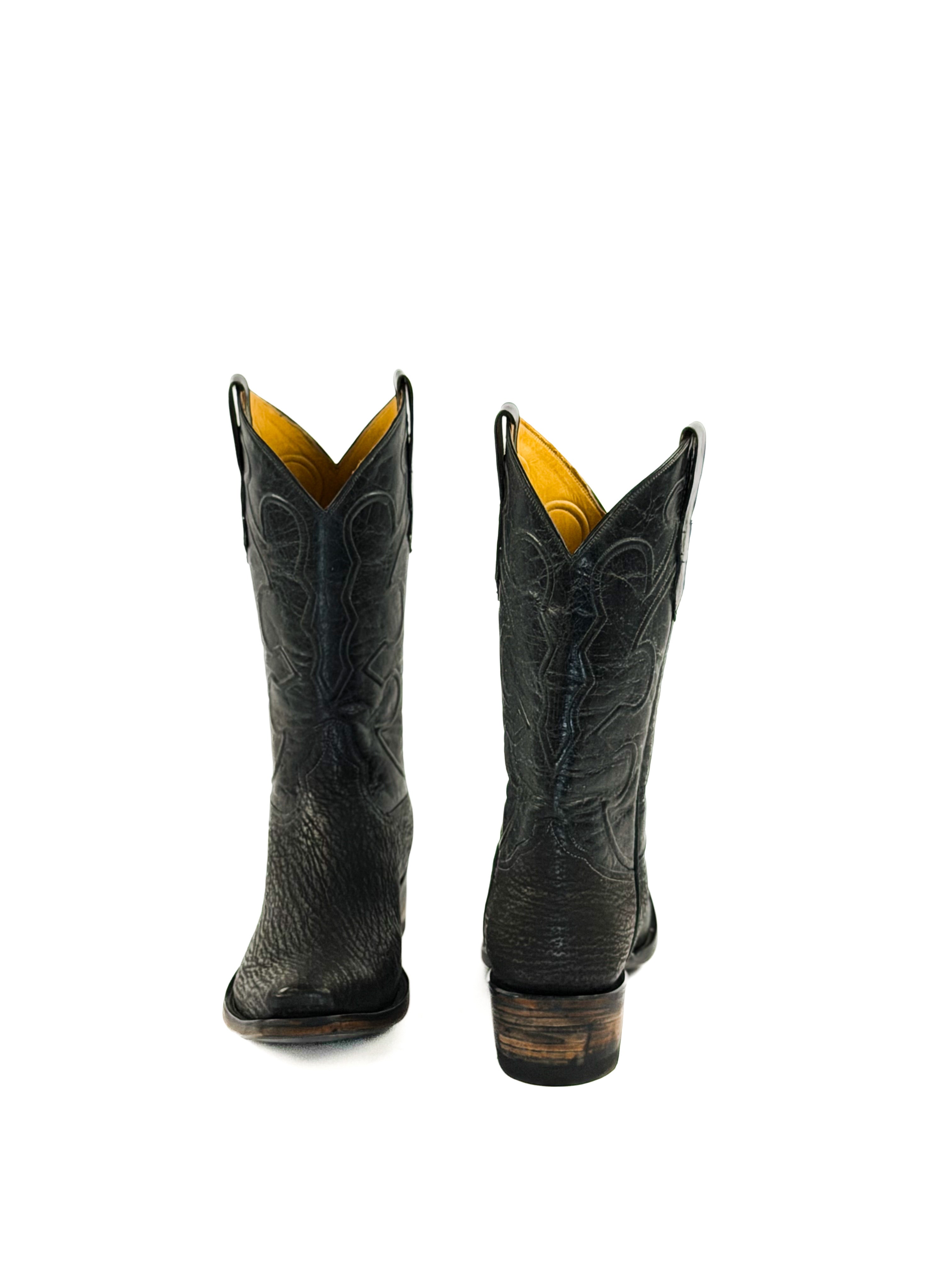 Pair of all black 7-toe boots with cording upper shafts