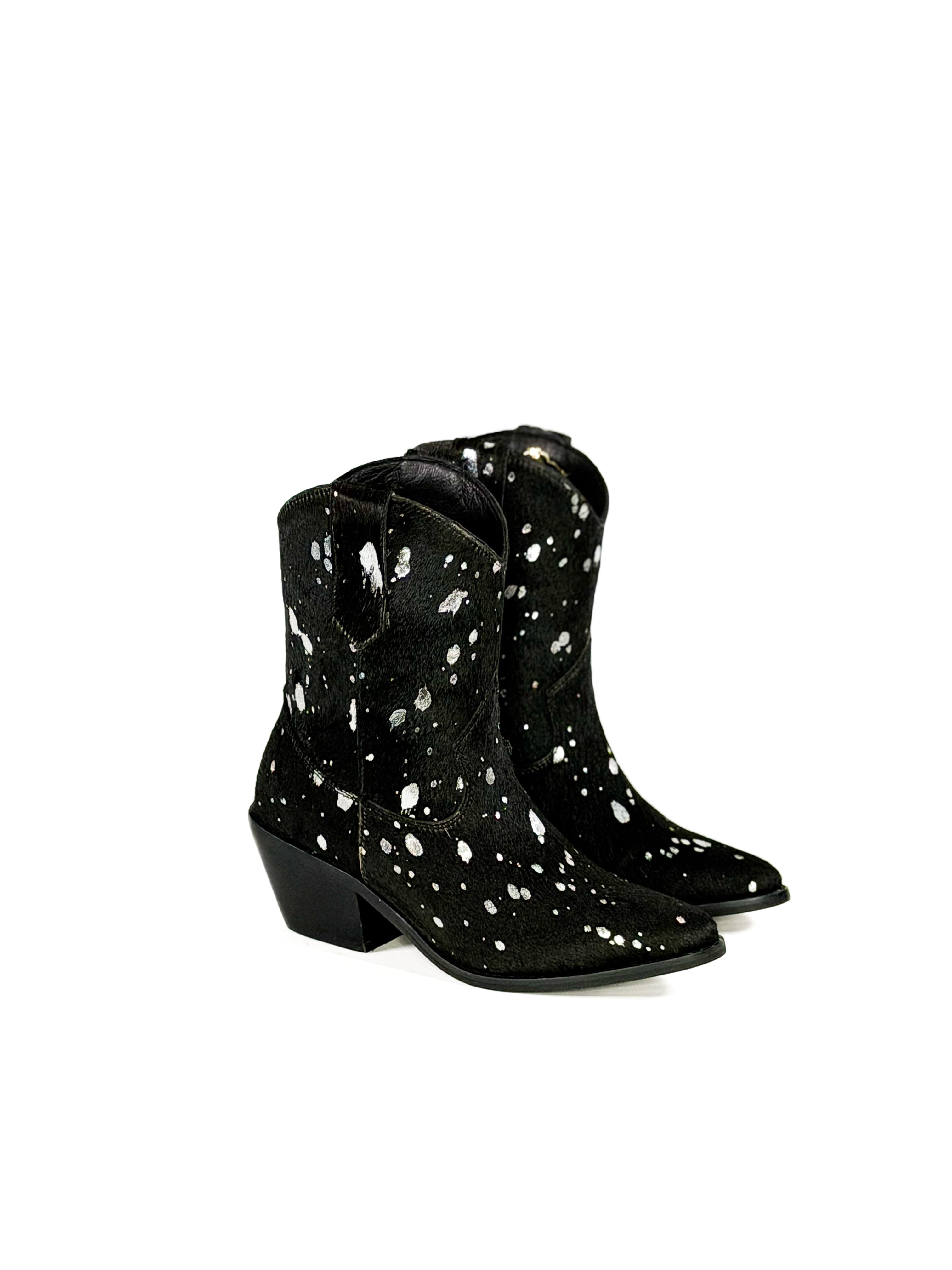 Black speck cowhide cowgirl studded ankle booties