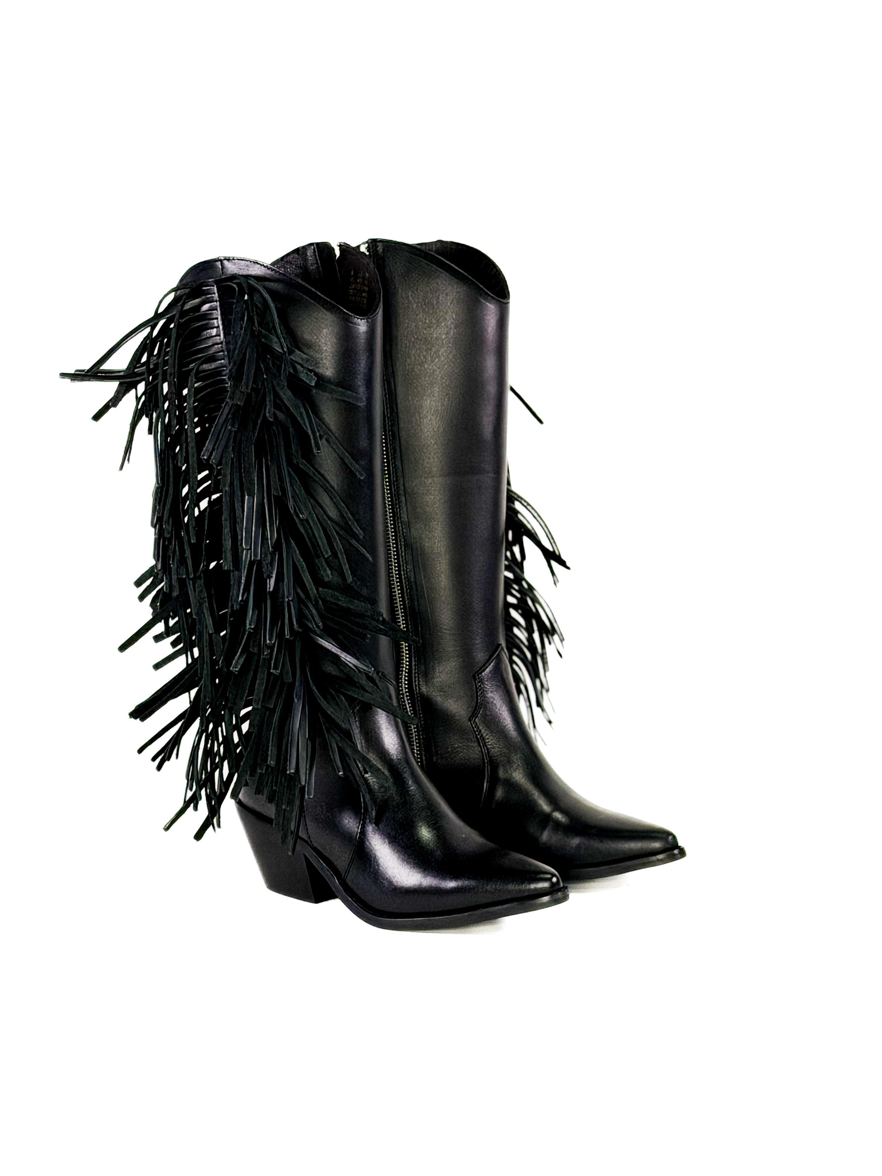 Black fringe zipper suede leather cowgirl boots 