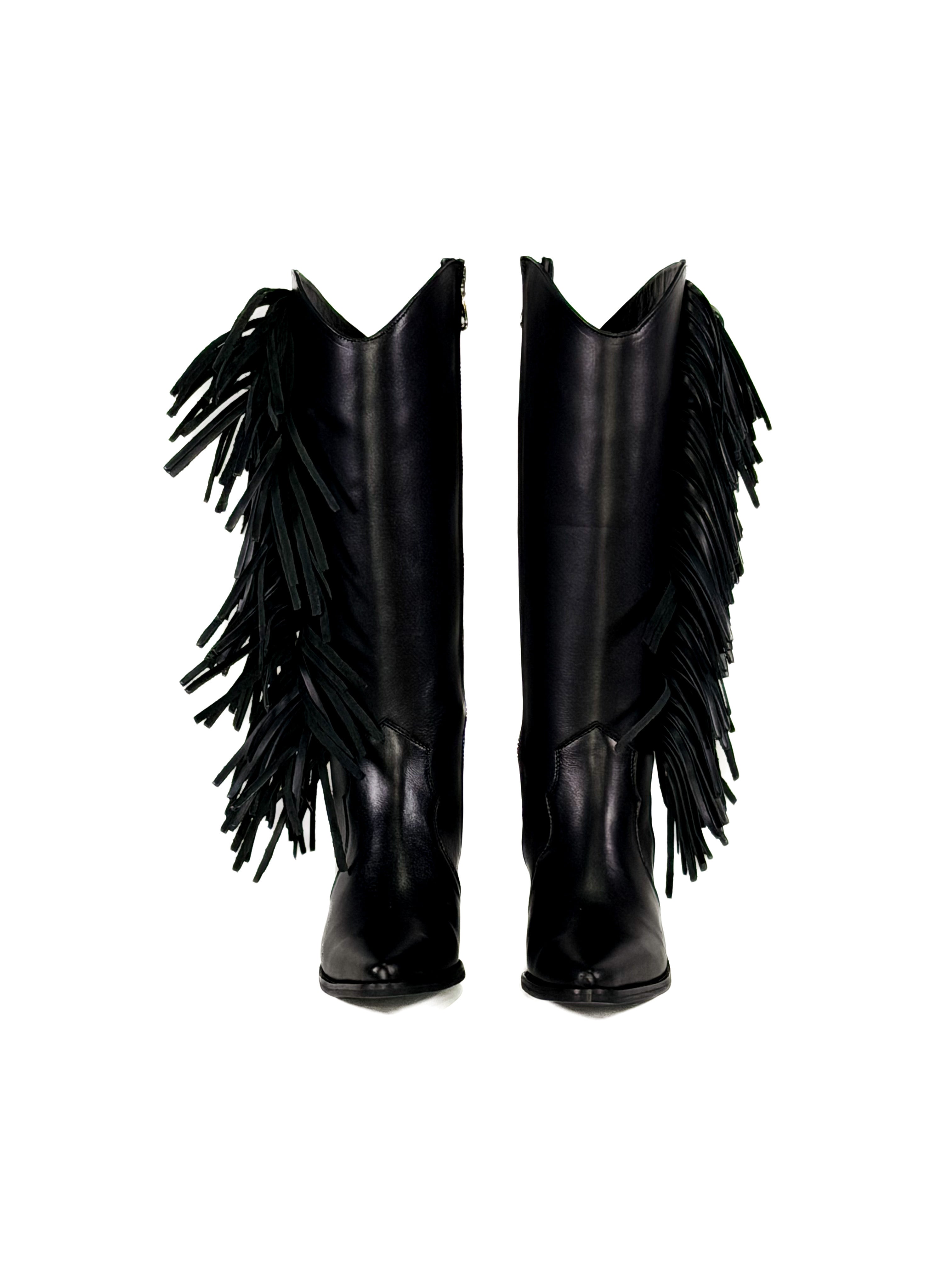 Black fringe zipper suede leather cowgirl boots 