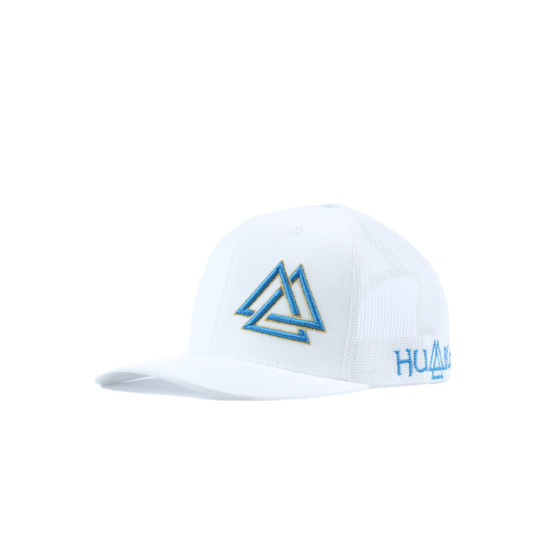 White cap with blue and gold triangle logo 
