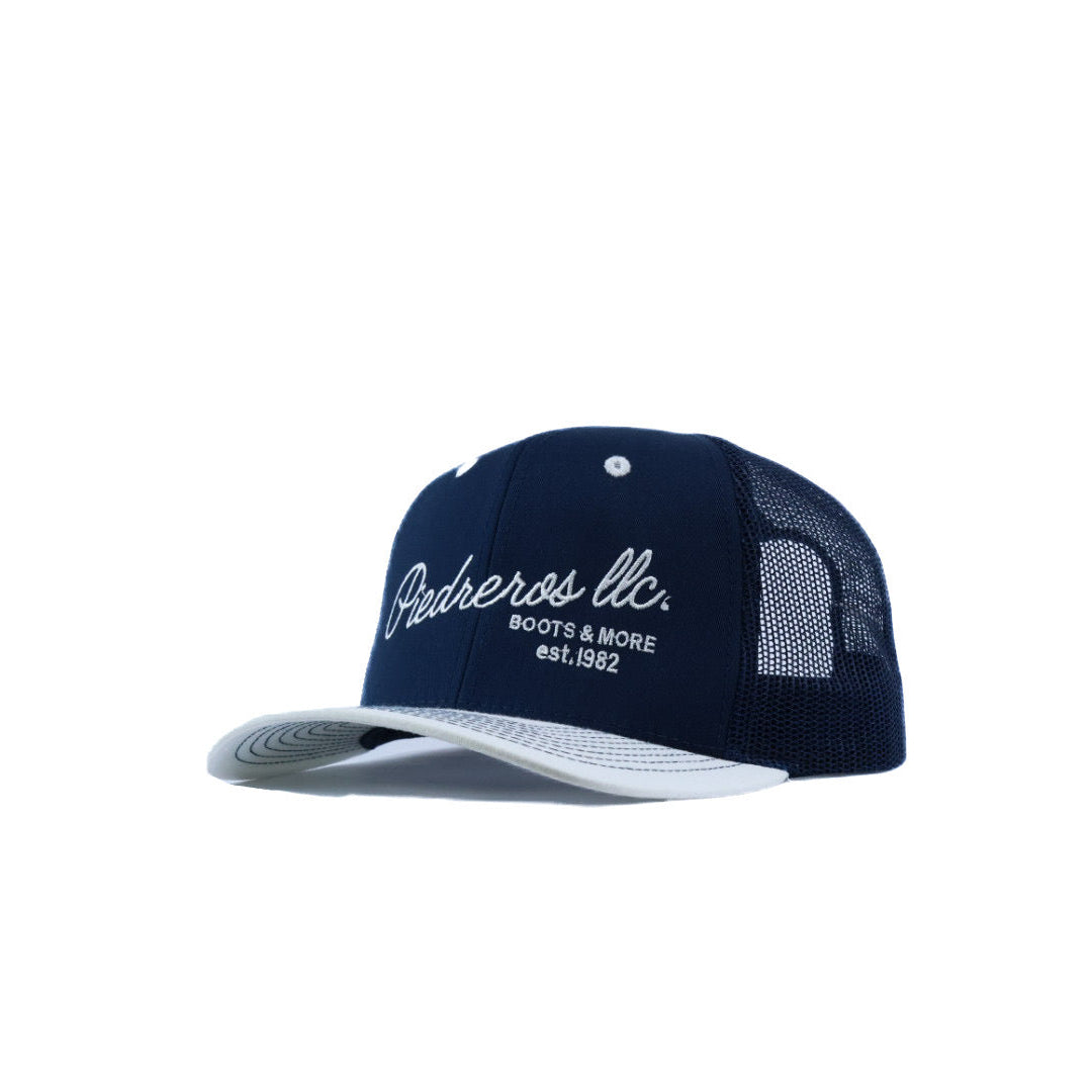 Blue and white mesh cap with white logo