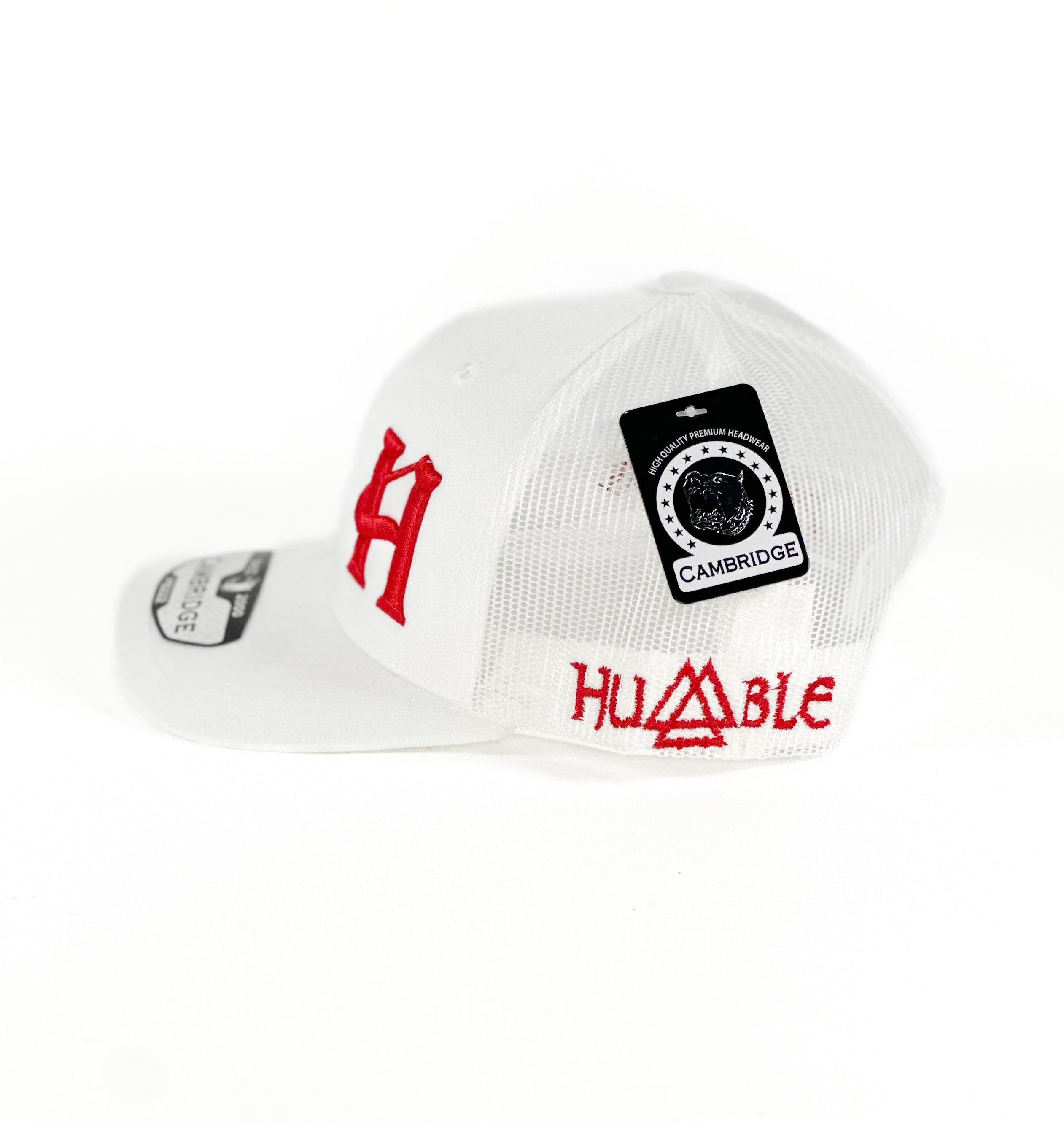 White trucker Cap with red H Piedreros logo 
