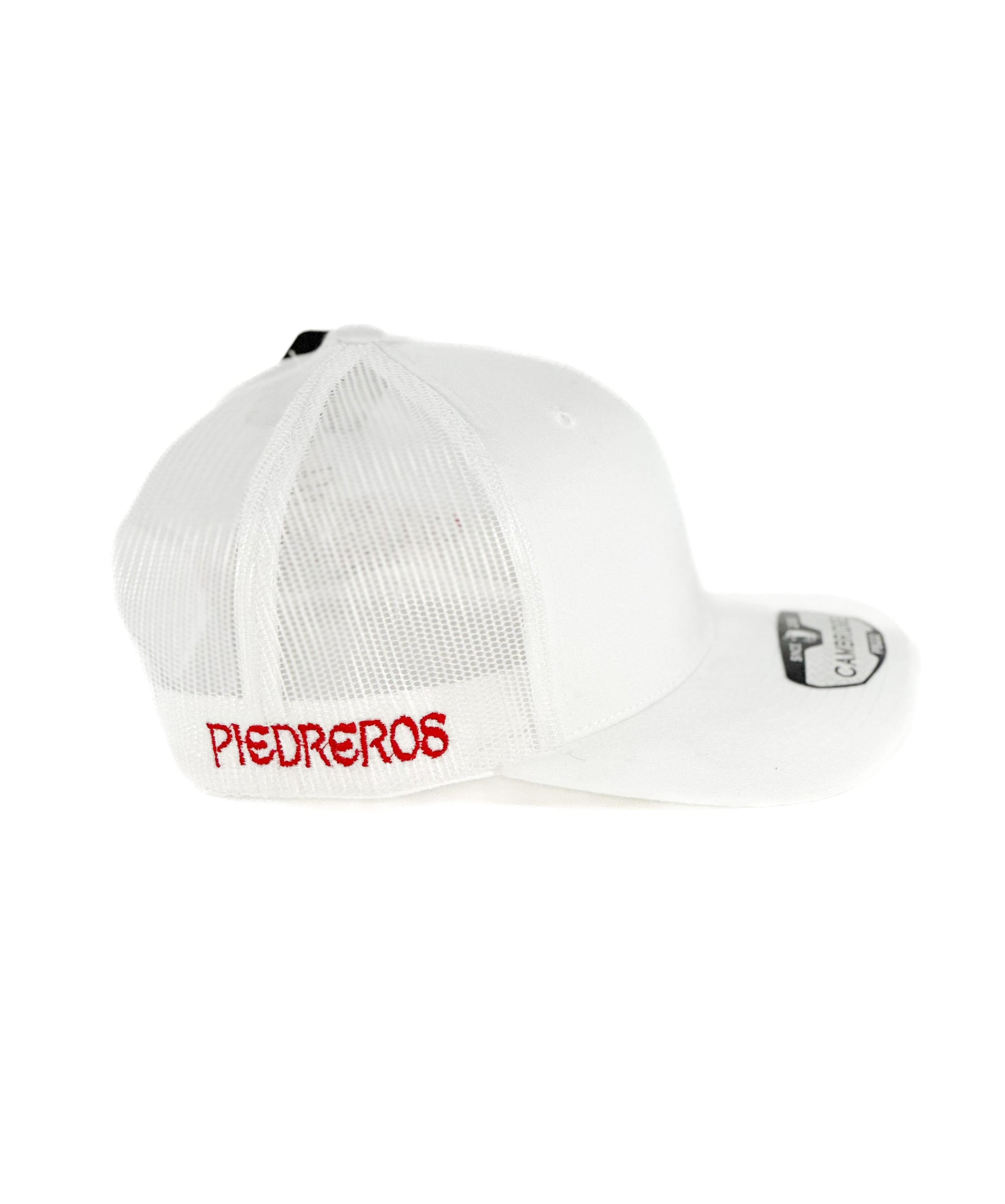 White trucker Cap with red H Piedreros logo 