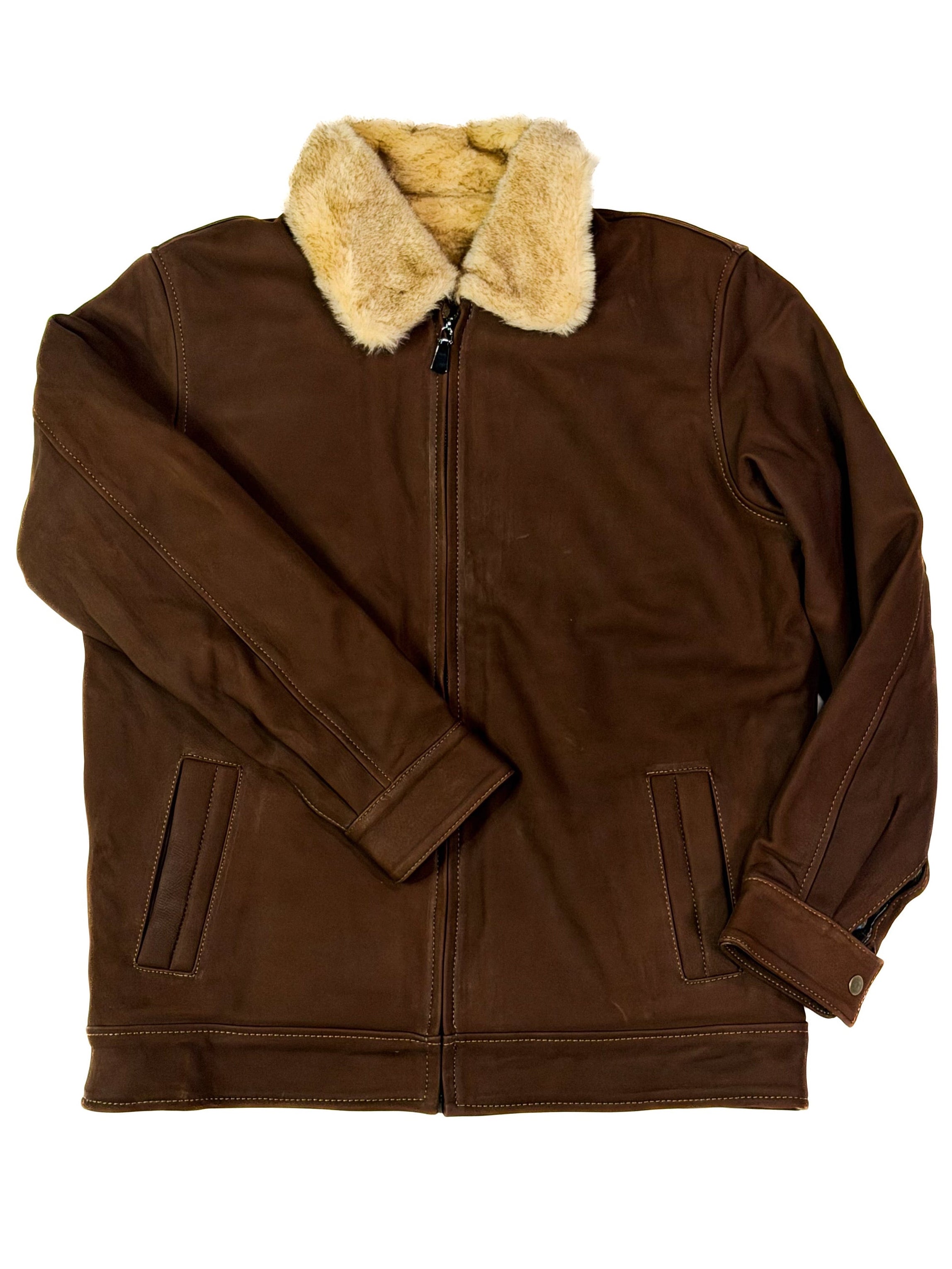 Brown jacket with beige fur collar on a white background