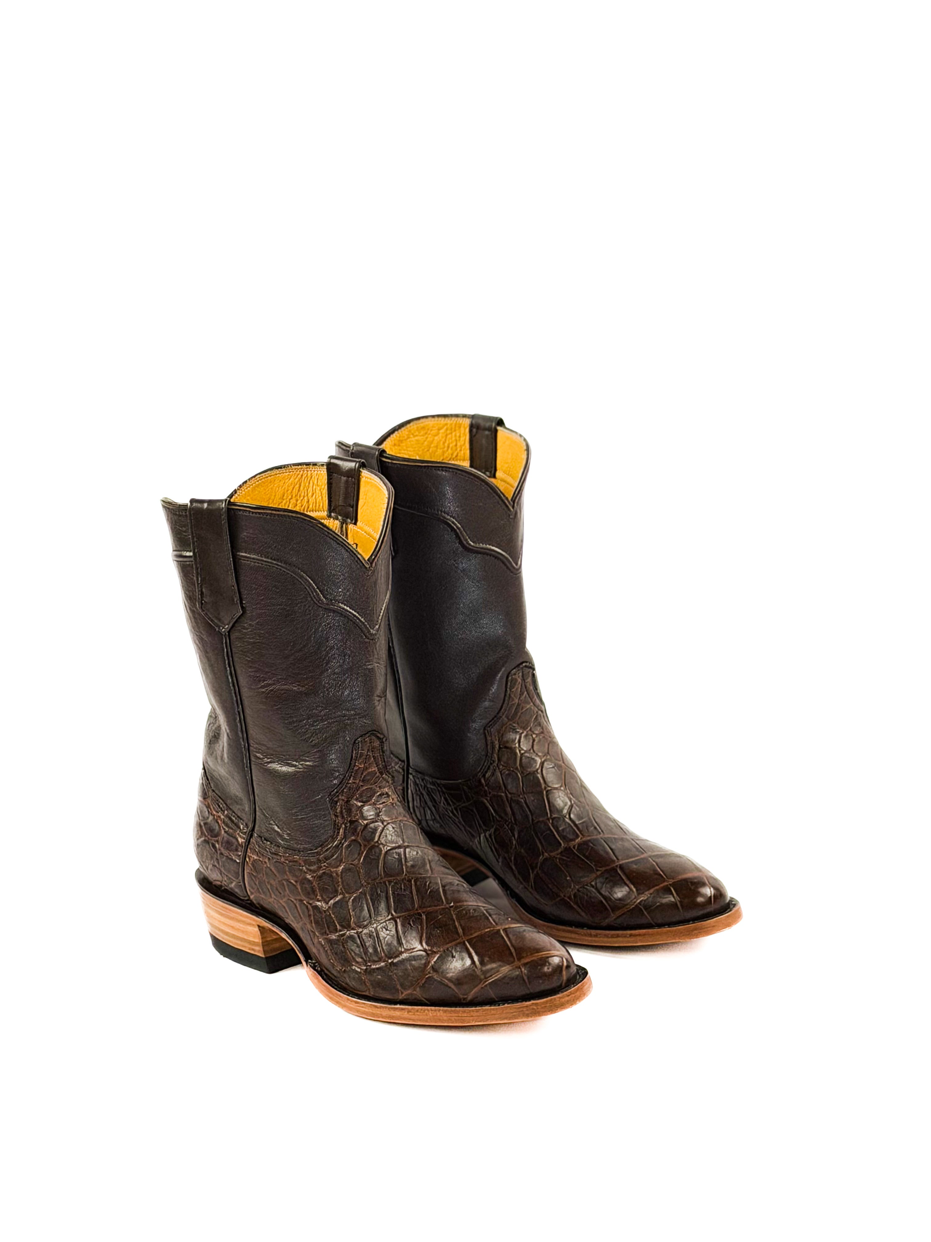Pair of brown round toe American Alligator boots with with brown corded upper shaft