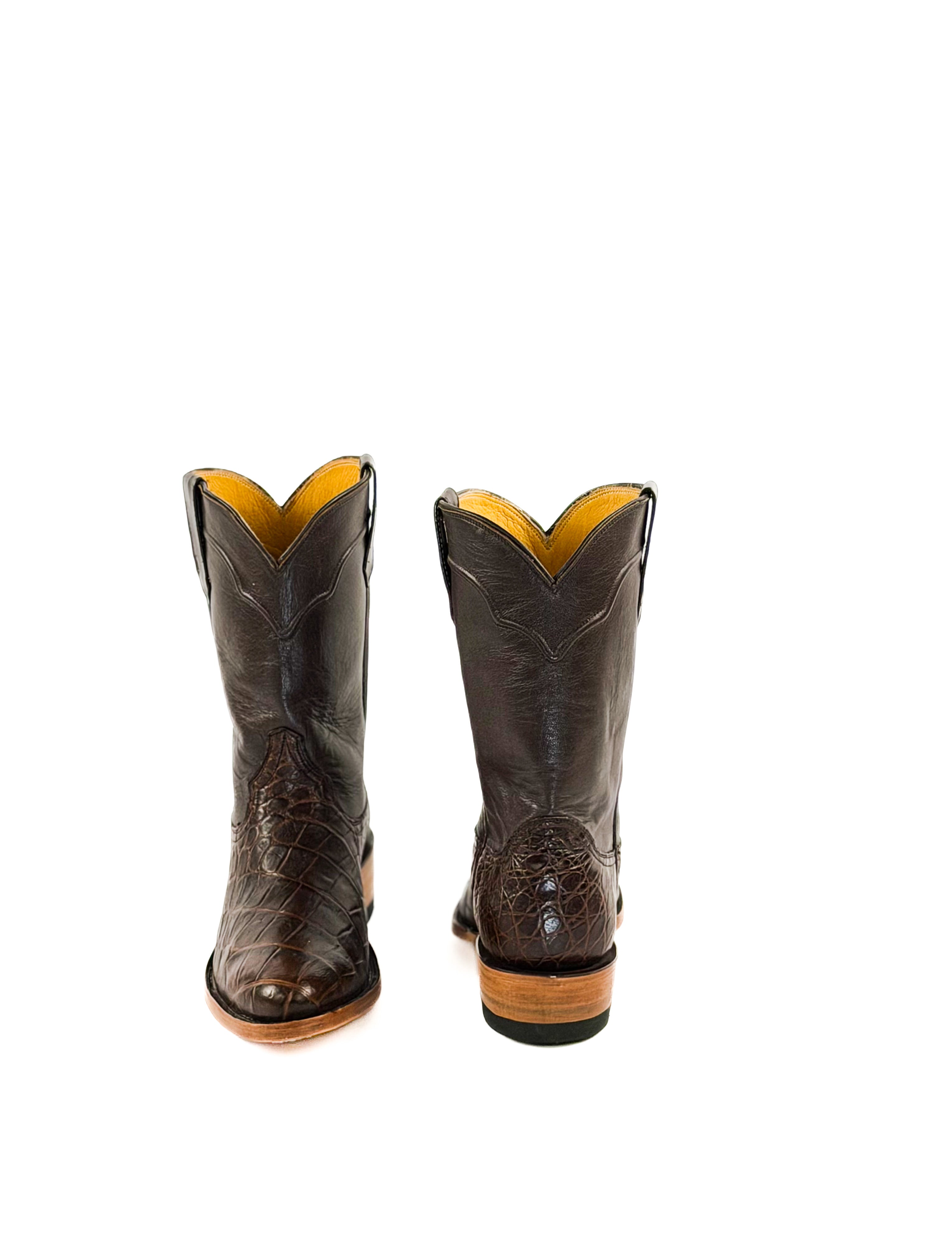 Pair of brown round toe American Alligator boots with with brown corded upper shaft
