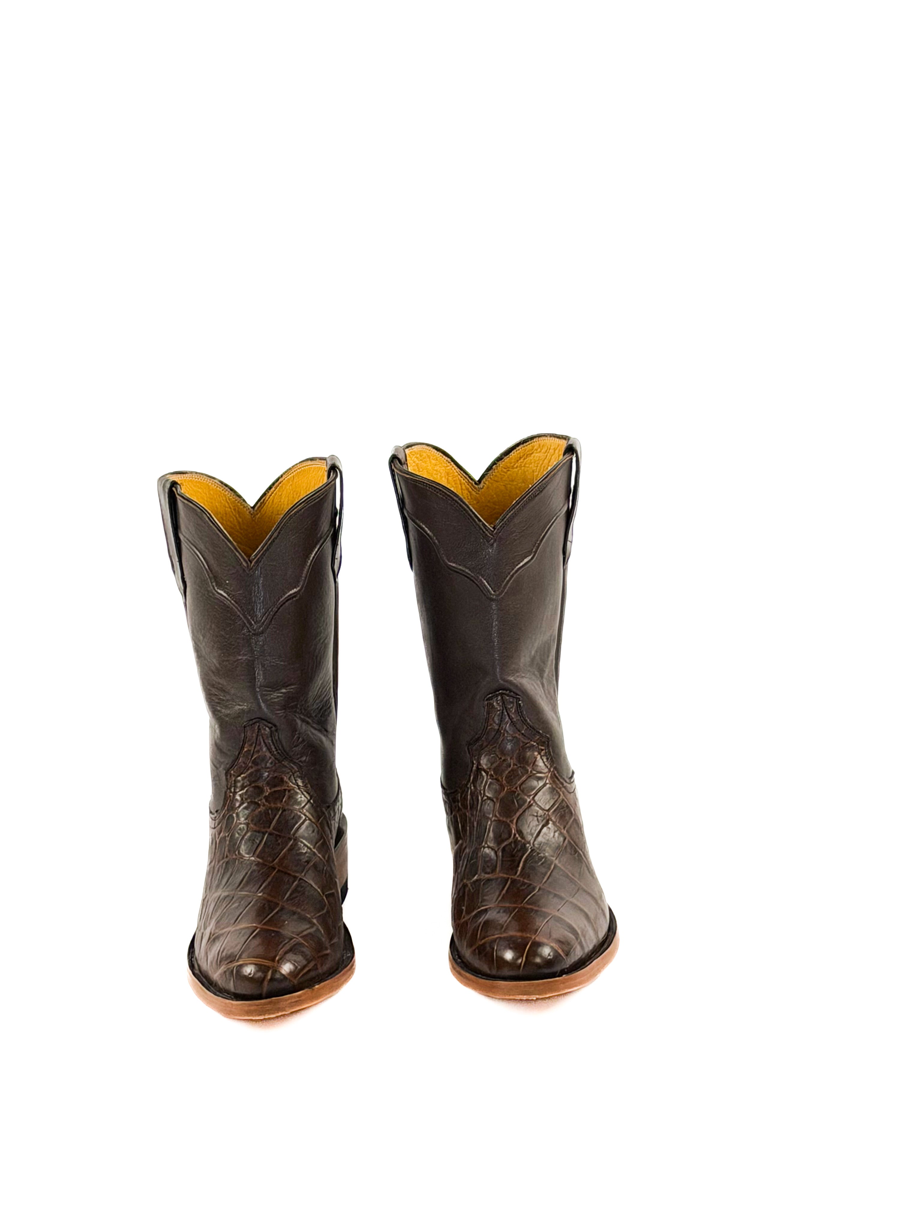 Pair of brown round toe American Alligator boots with with brown corded upper shaft