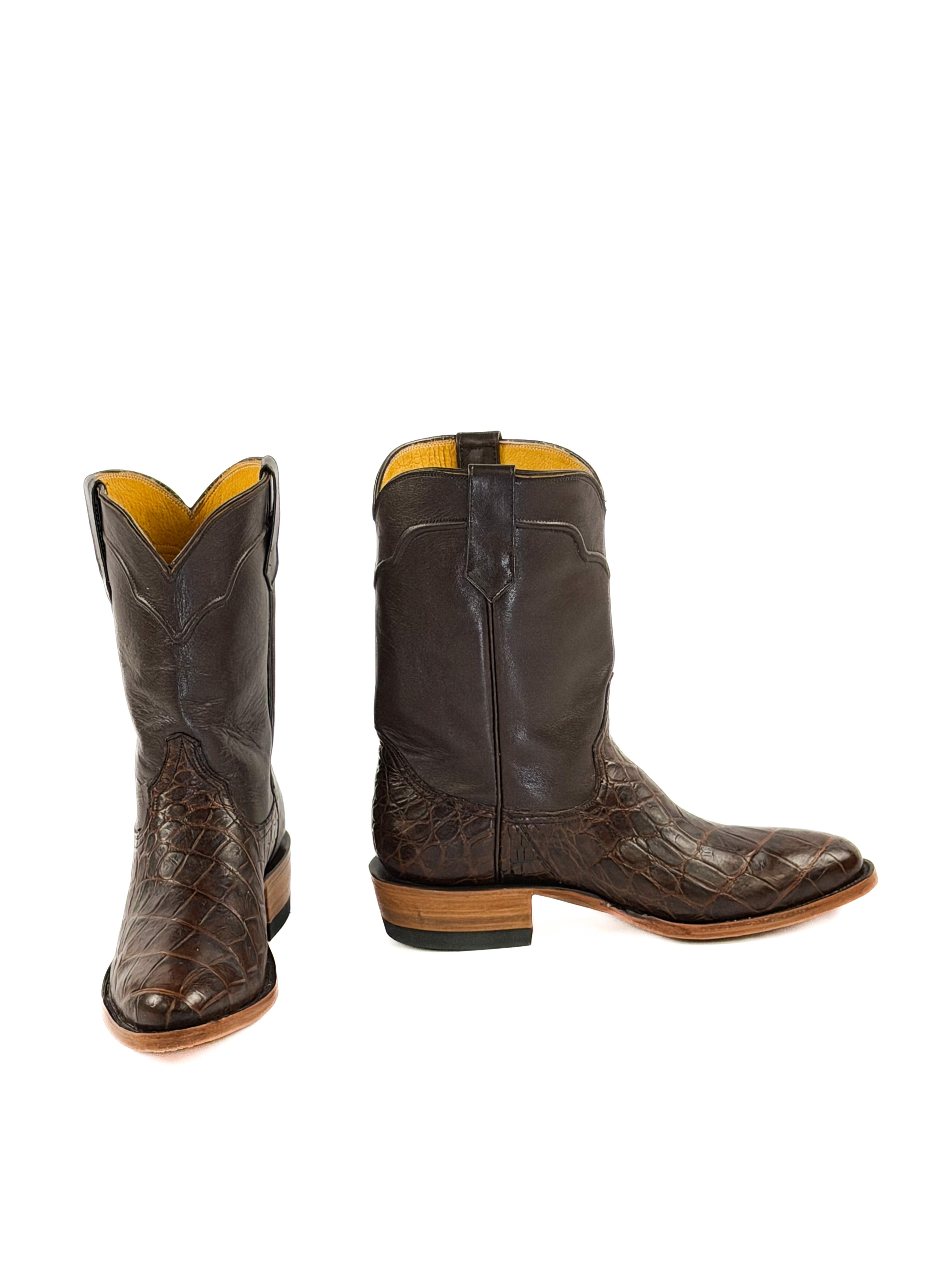 Pair of brown round toe American Alligator boots with with brown corded upper shaft
