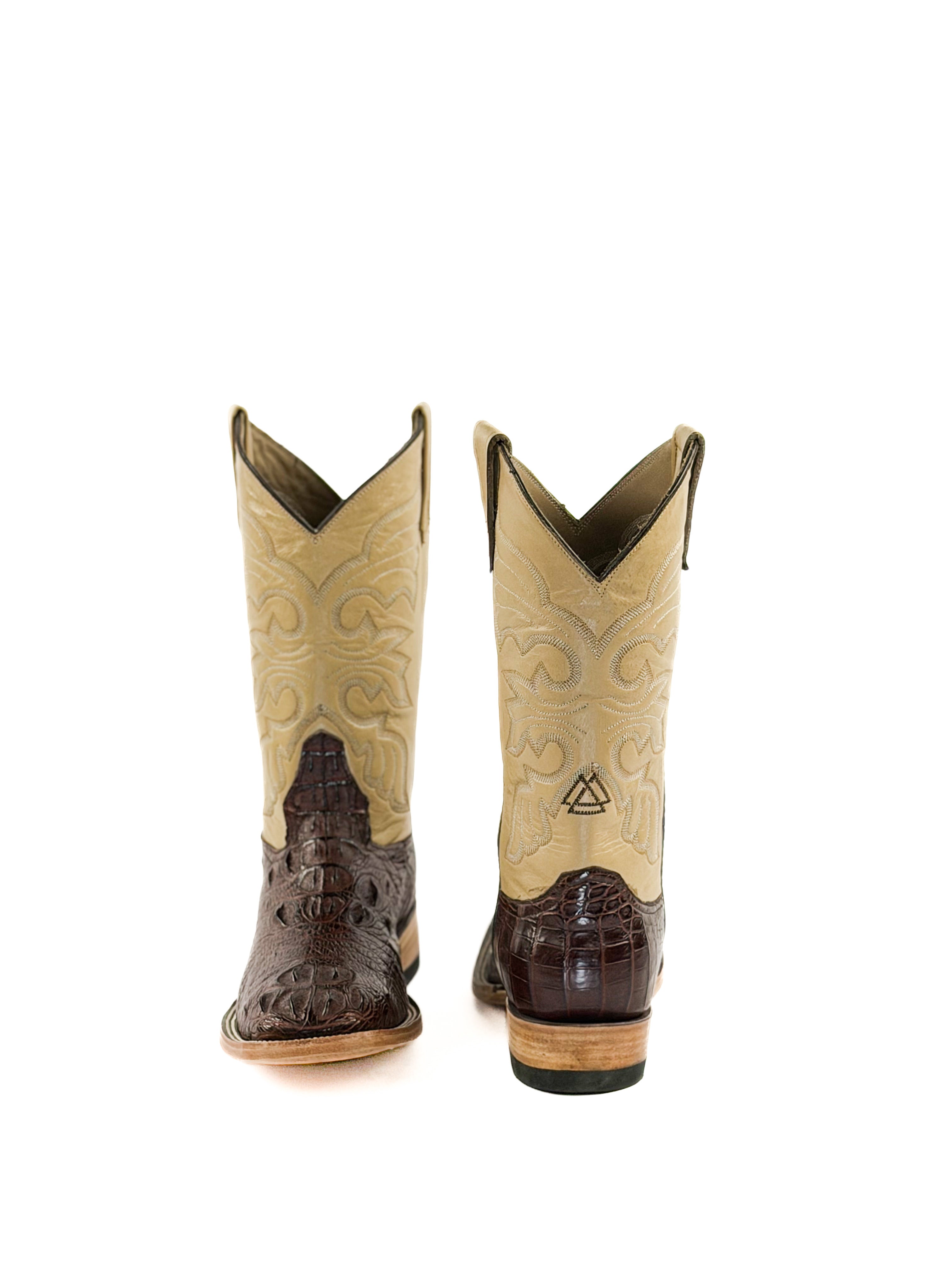Pair of crocodile square toe boots with brown and beige upper shafts