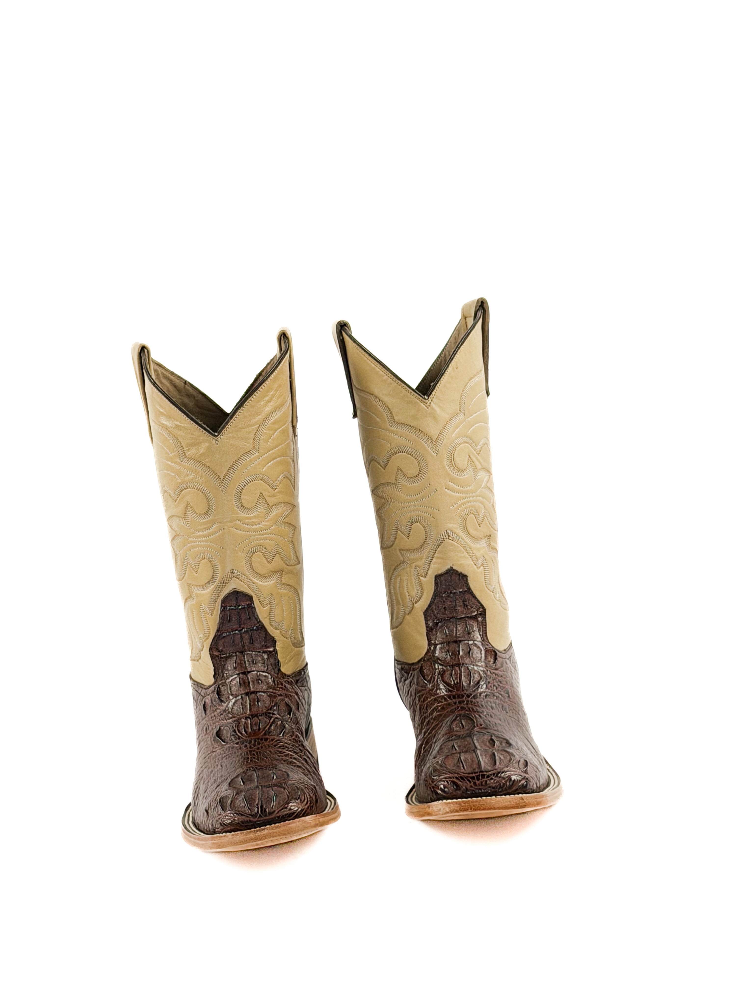 Pair of crocodile square toe boots with brown and beige upper shafts