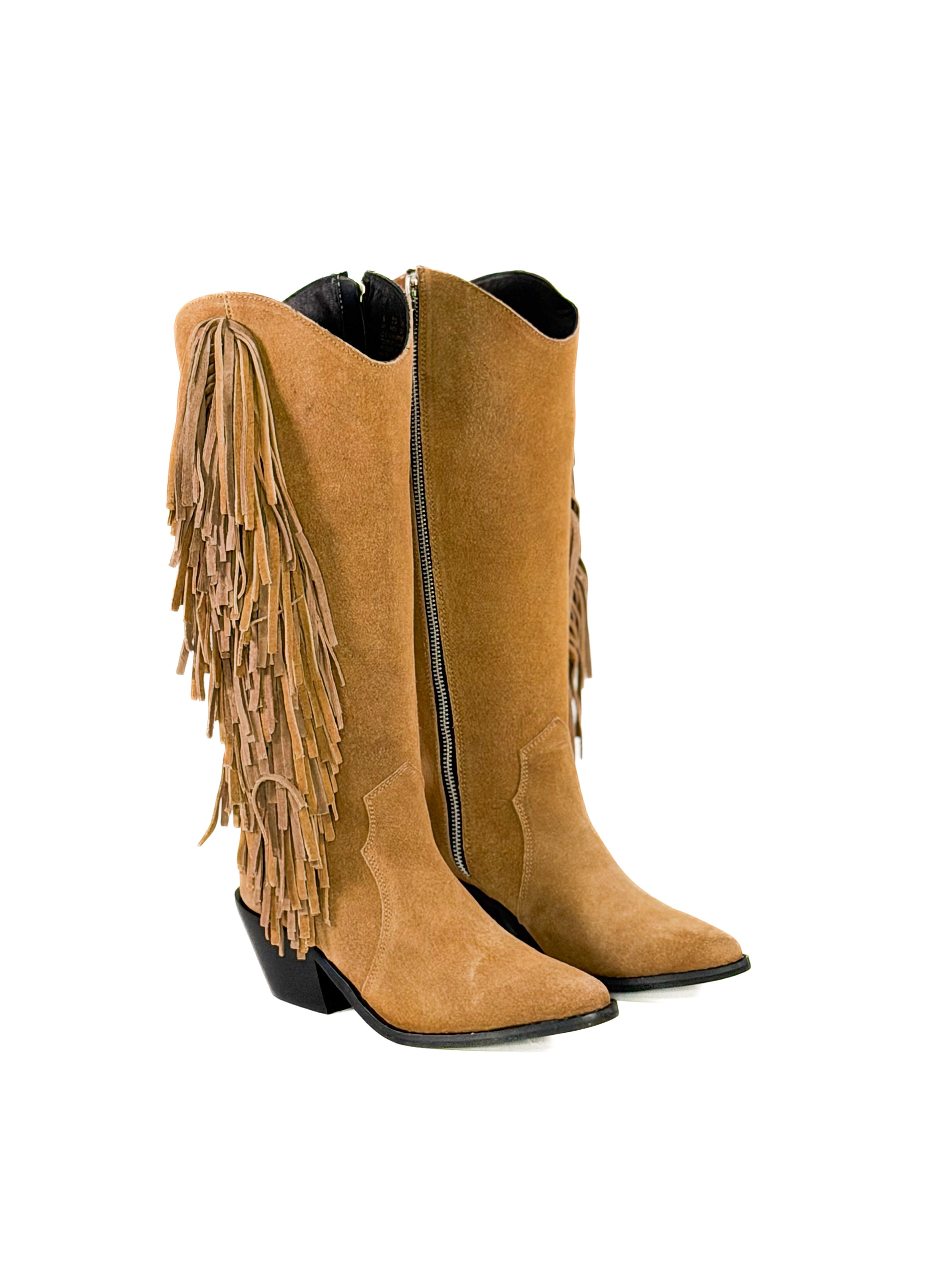 Tan fringe zipper suede leather cowgirl boots 