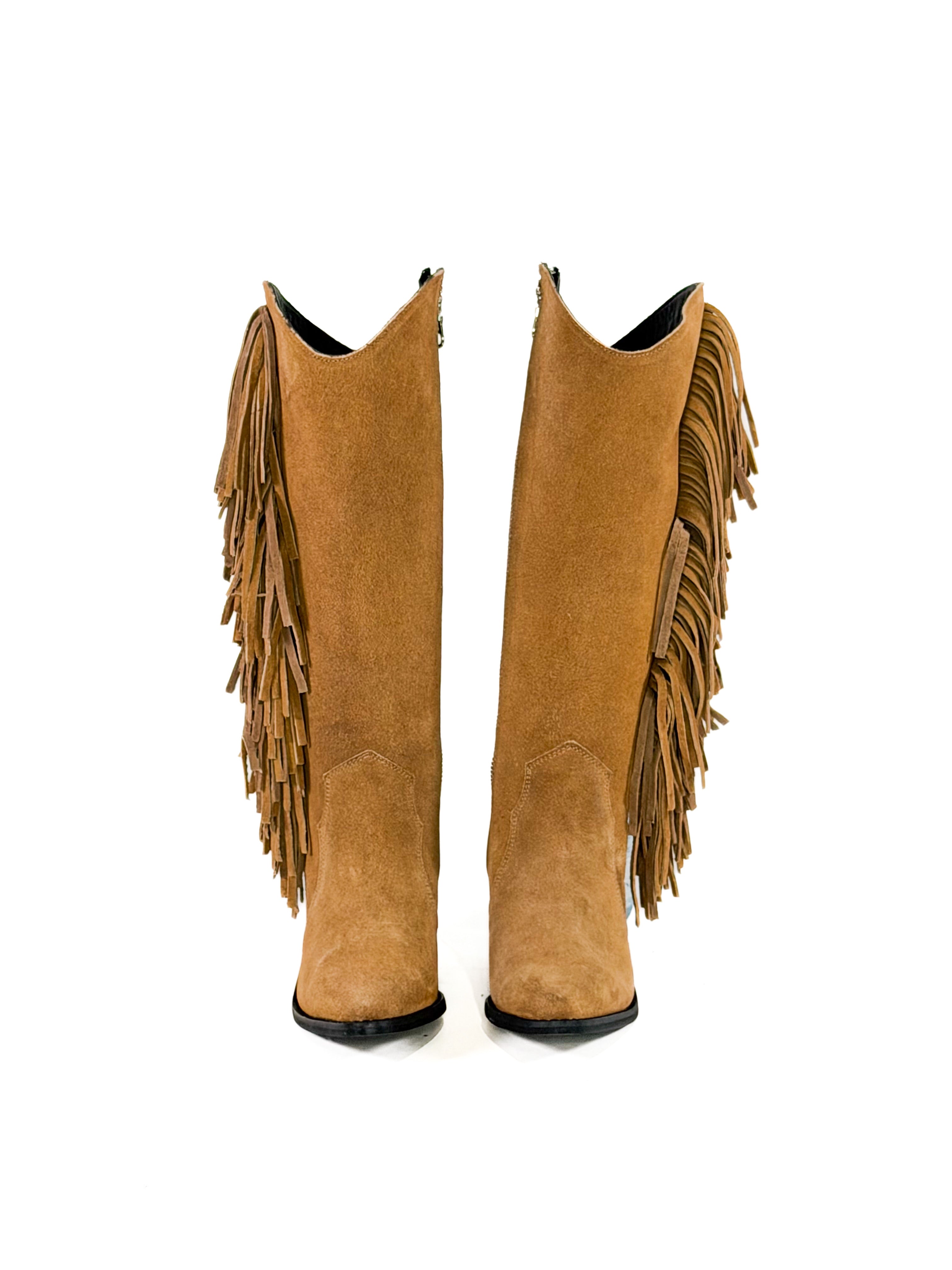 Tan fringe zipper suede leather cowgirl boots 