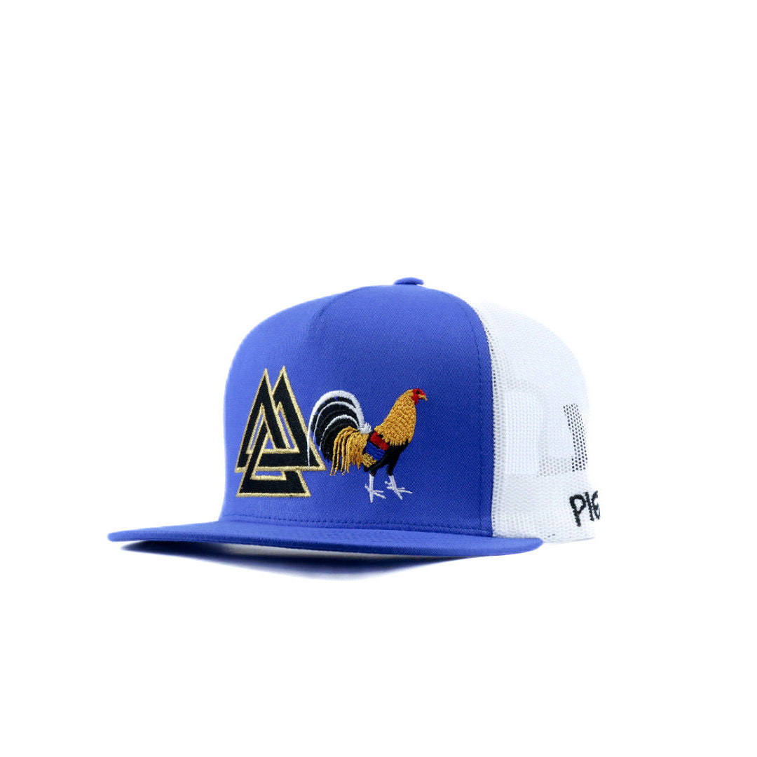 Blue and white cap with rooster, triangles, and logo piedreros