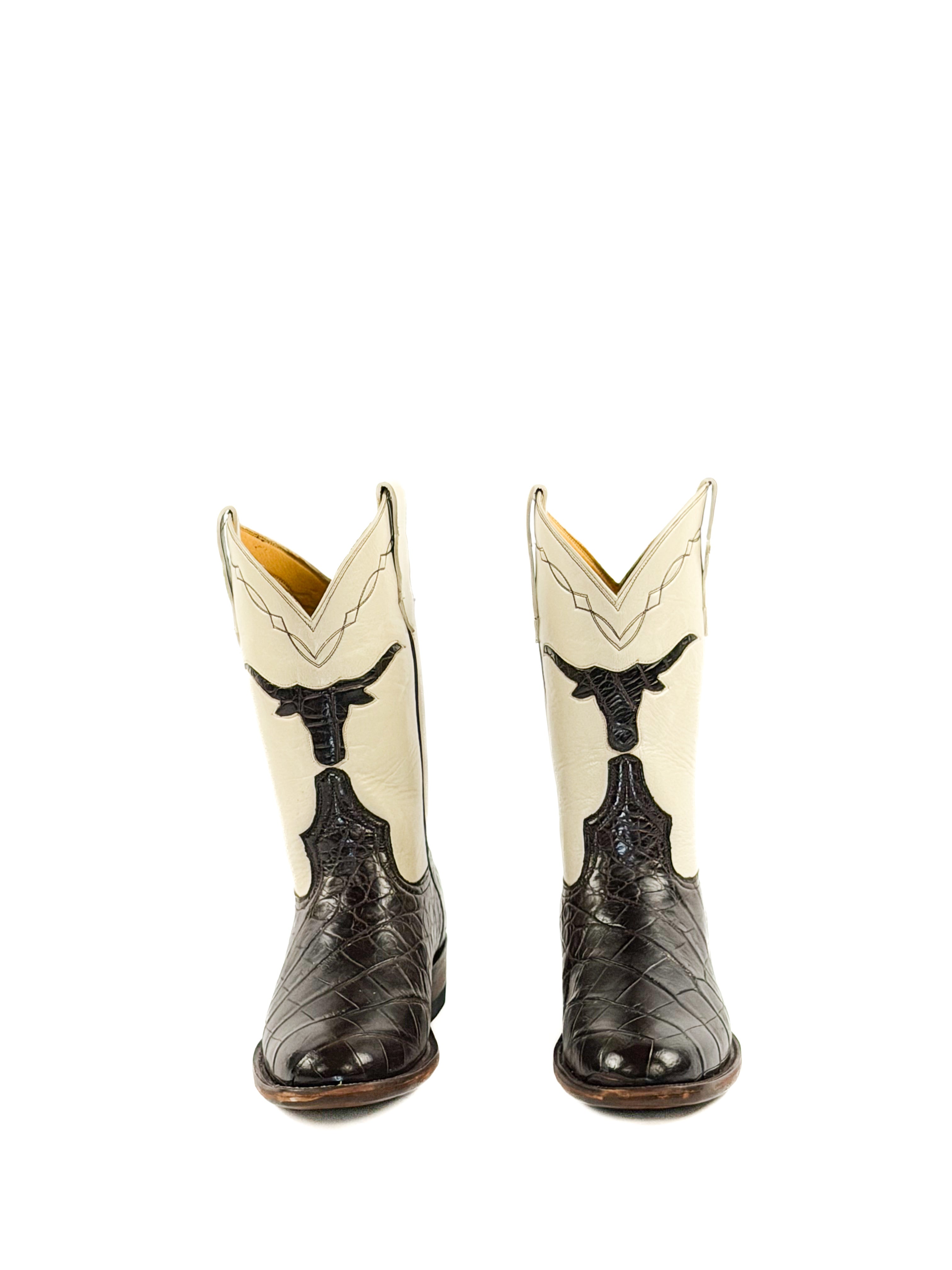 Pair of cherry brown round toe American alligator boots with cream upper shaft and longhorn logo