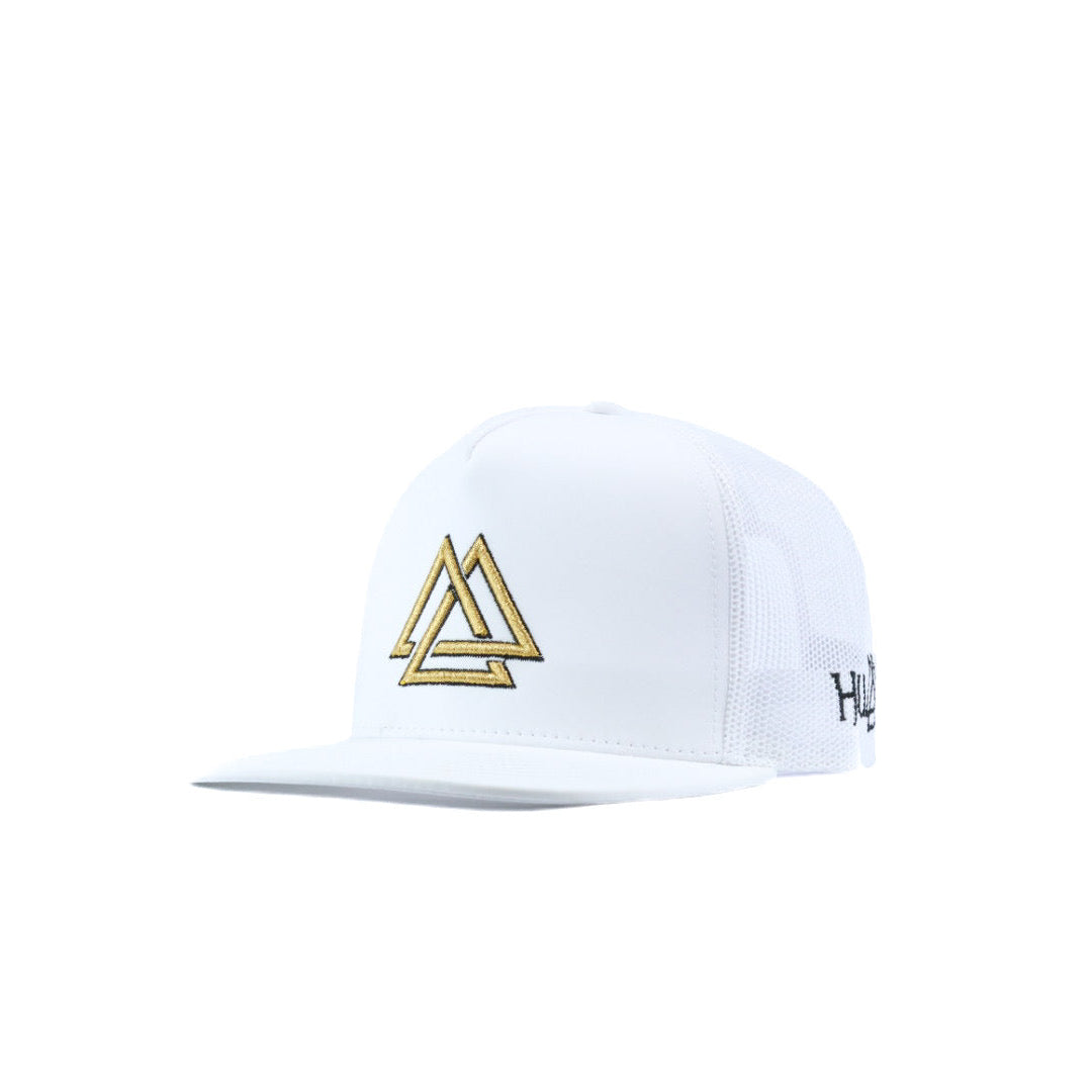 White cap with a gold and black triangle logo 