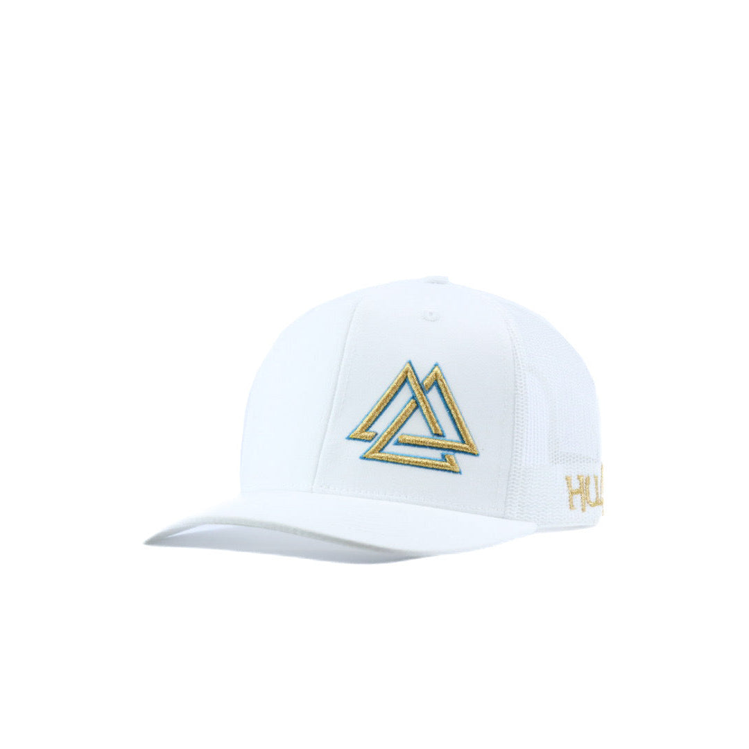 White cap with gold and blue triangle logo 