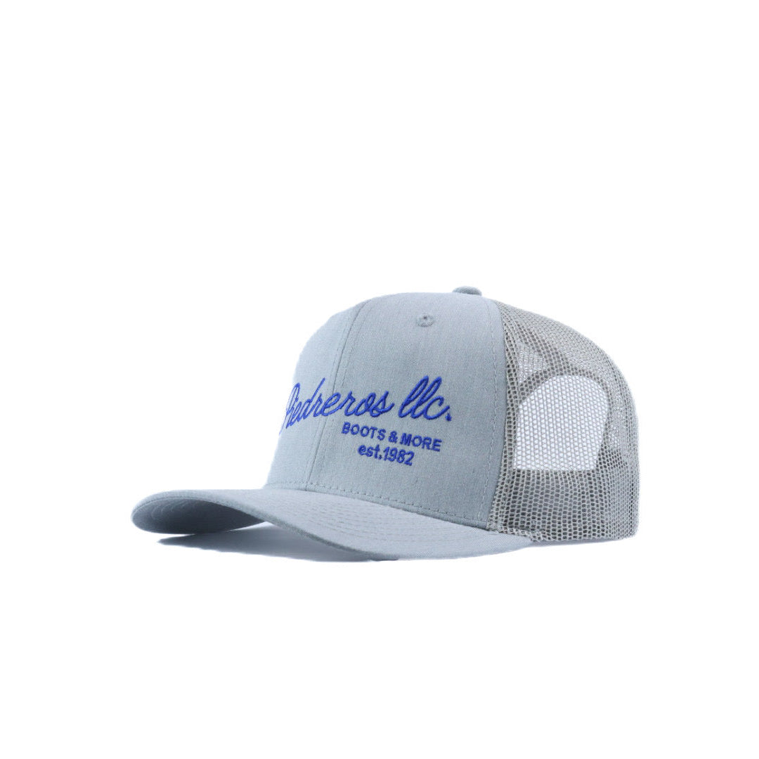 Gray mesh cap with blue logo