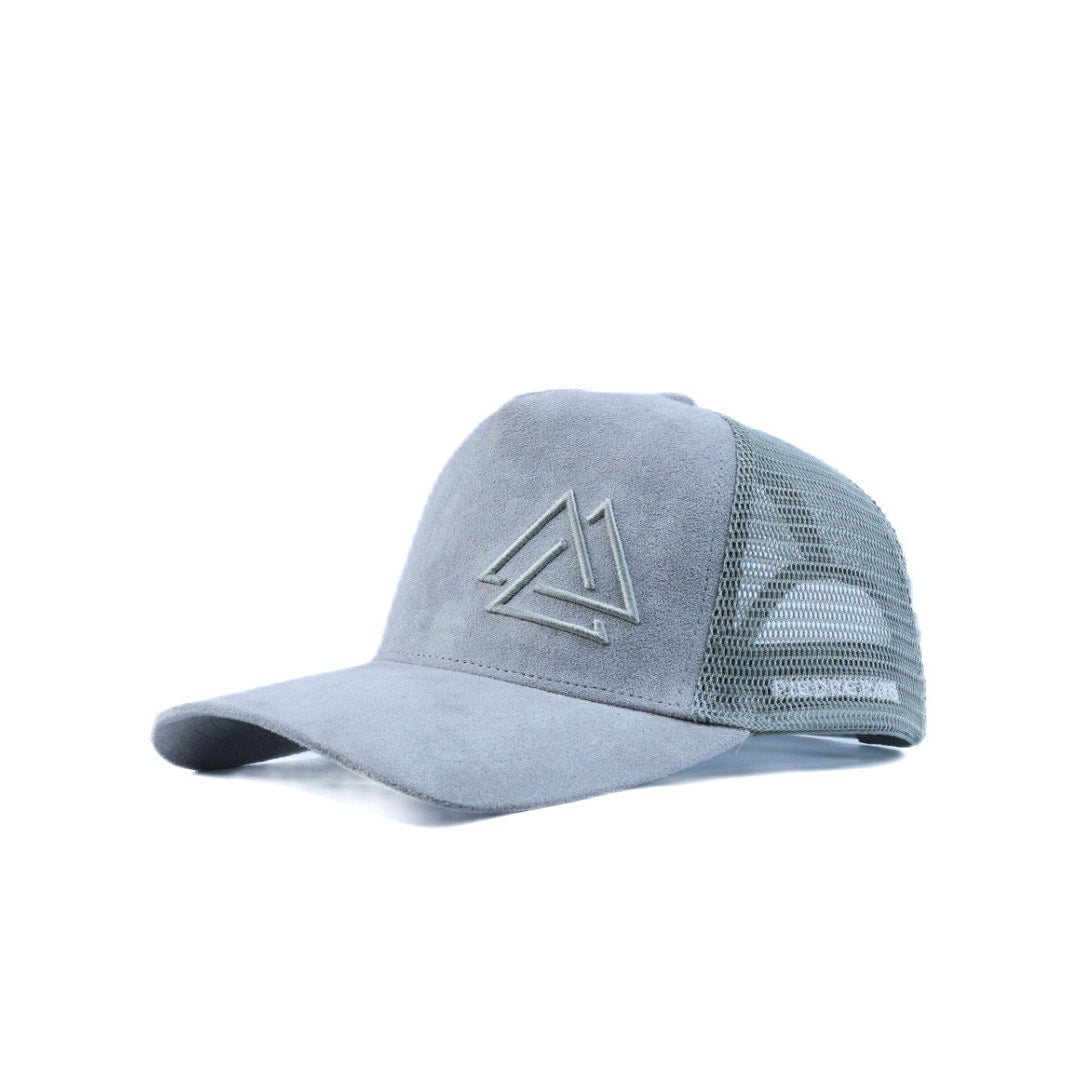gray suede mesh cap with gray logo