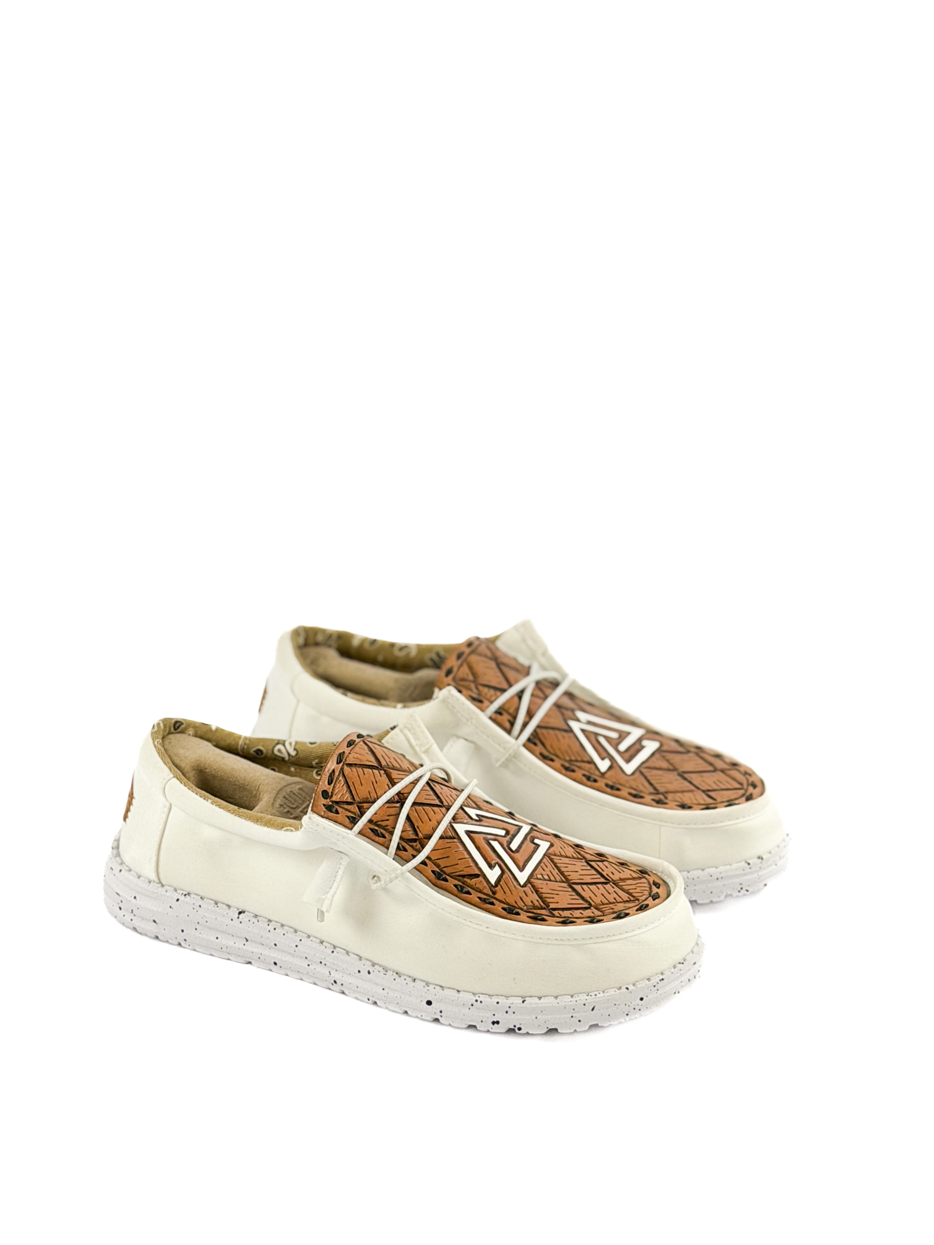 White hey Dudes with hand tooled piedreros logo