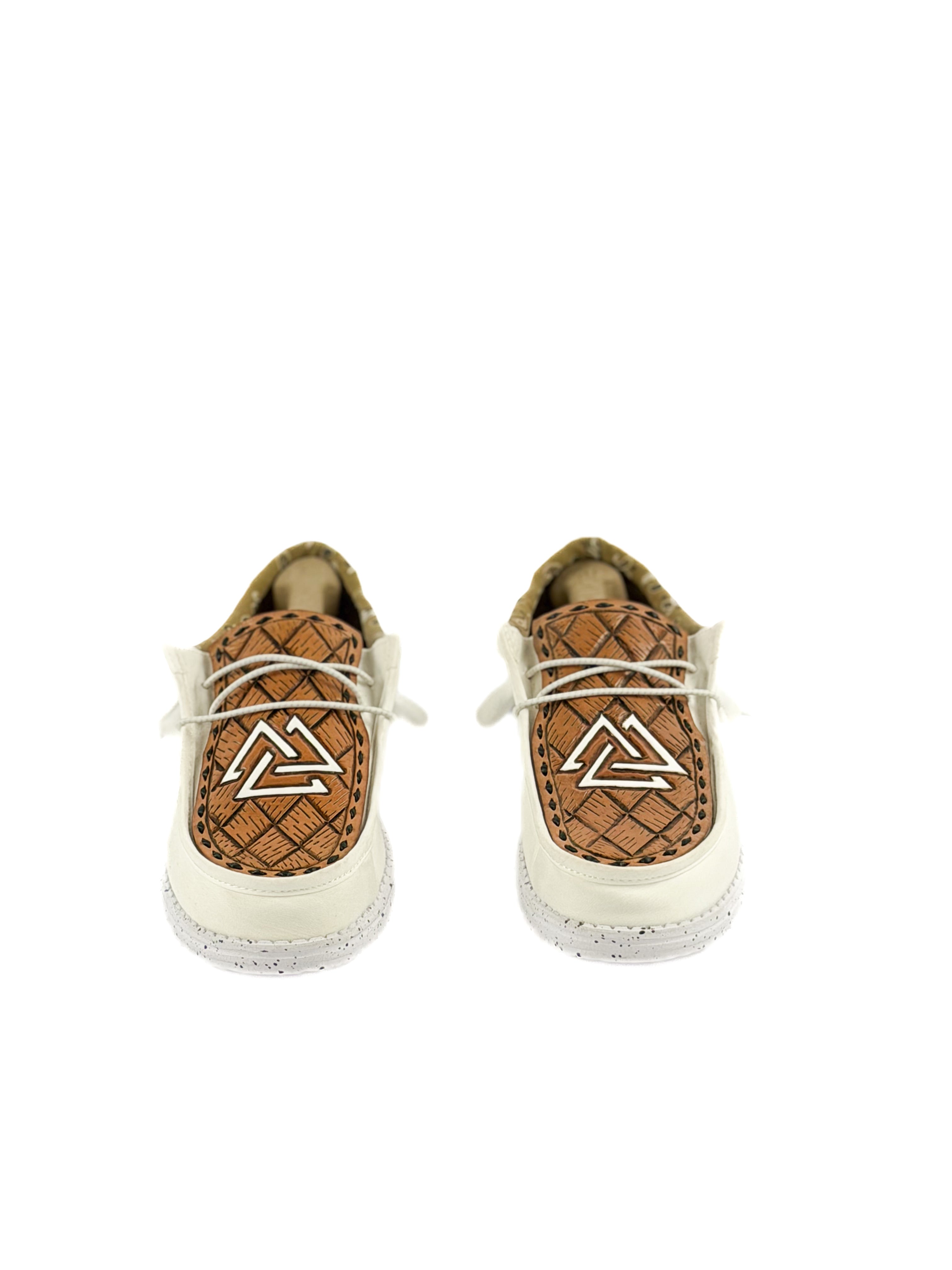 White hey Dudes with hand tooled piedreros logo