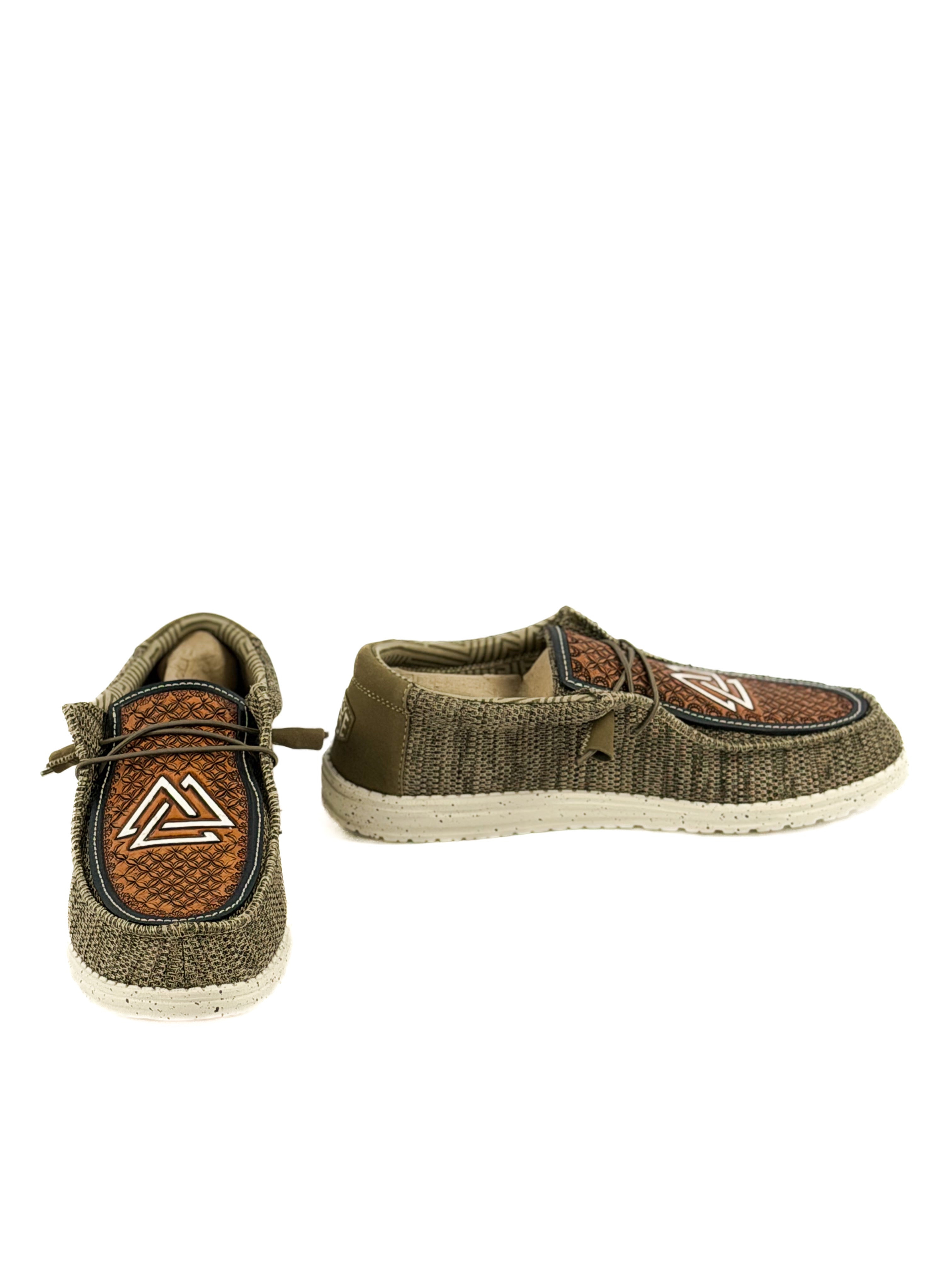 olive green hey dudes hand tooled piedreros logo