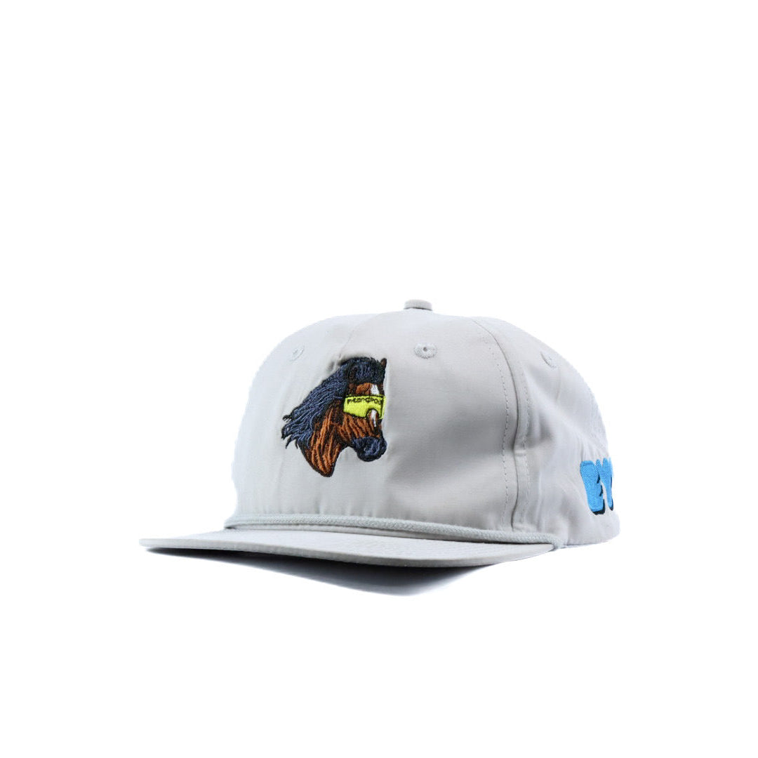 gray cap with horse and 'eyy' logo