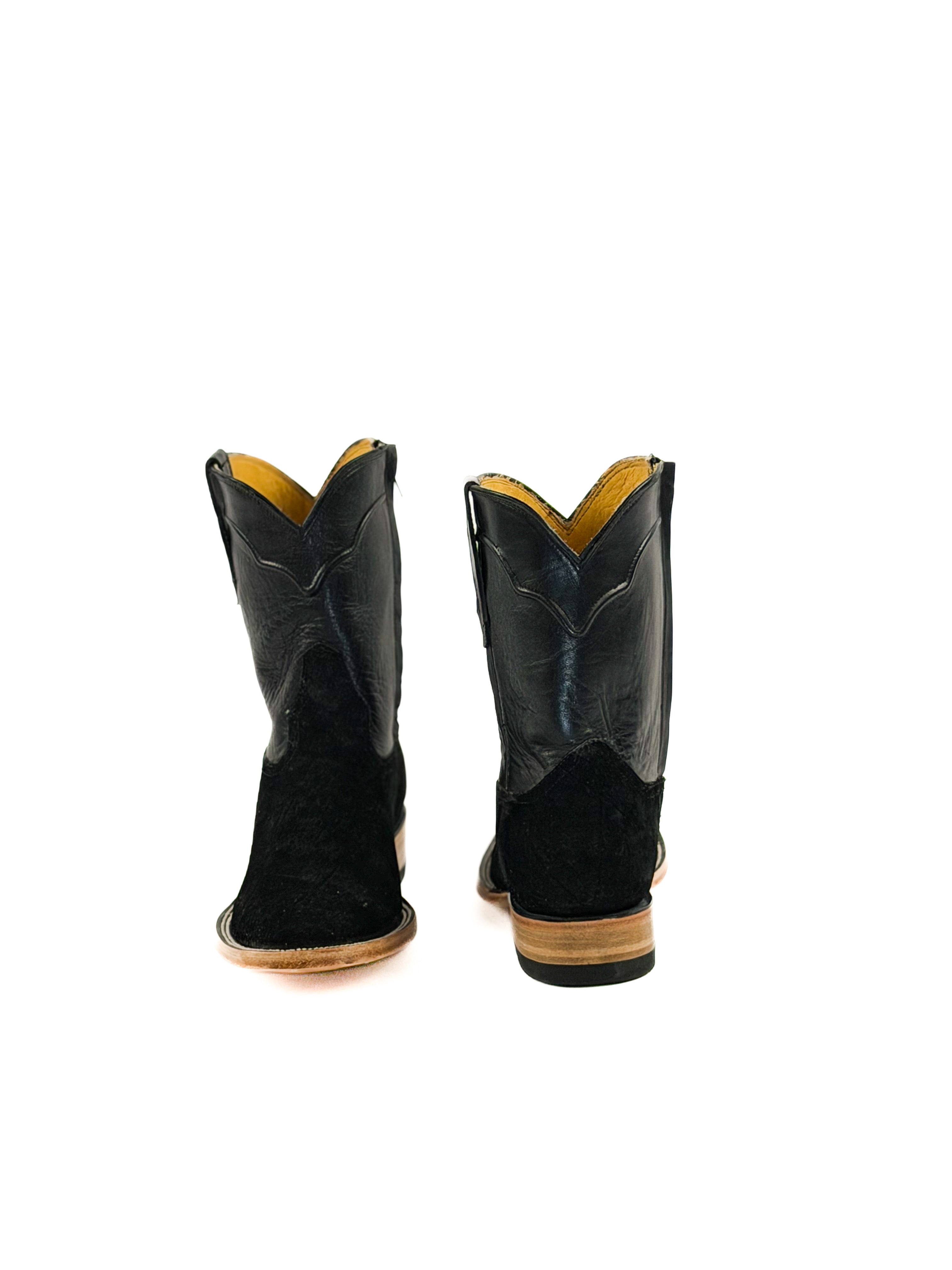 Pair of black suede square toe boots with leather black shaft