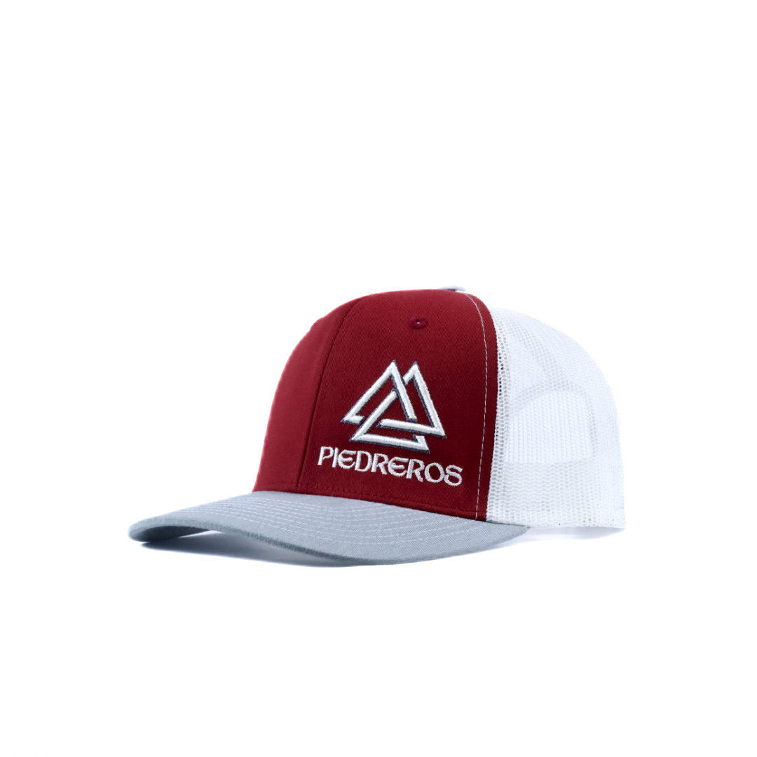 Maroon gray and white piedreros trucker cap