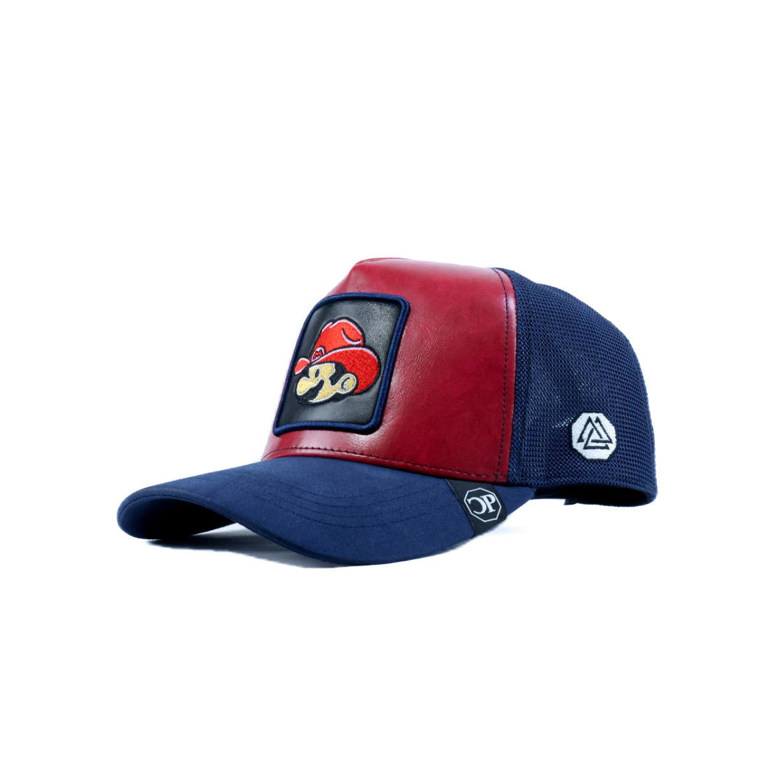 Blue and red cap with a logo on a white background