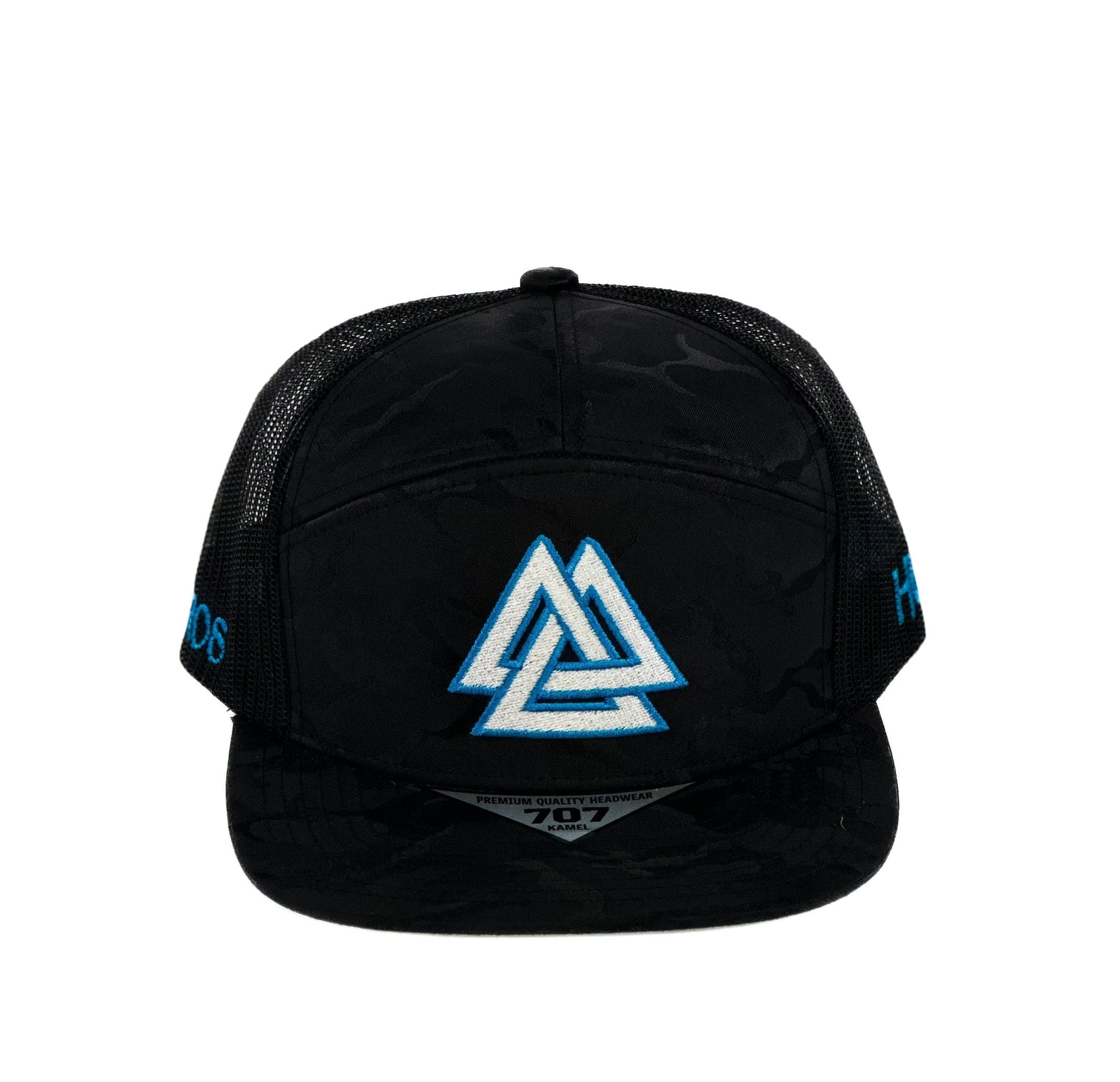 Black mesh Cap with black Camo and white with blue triangle cuadra piedreros logo