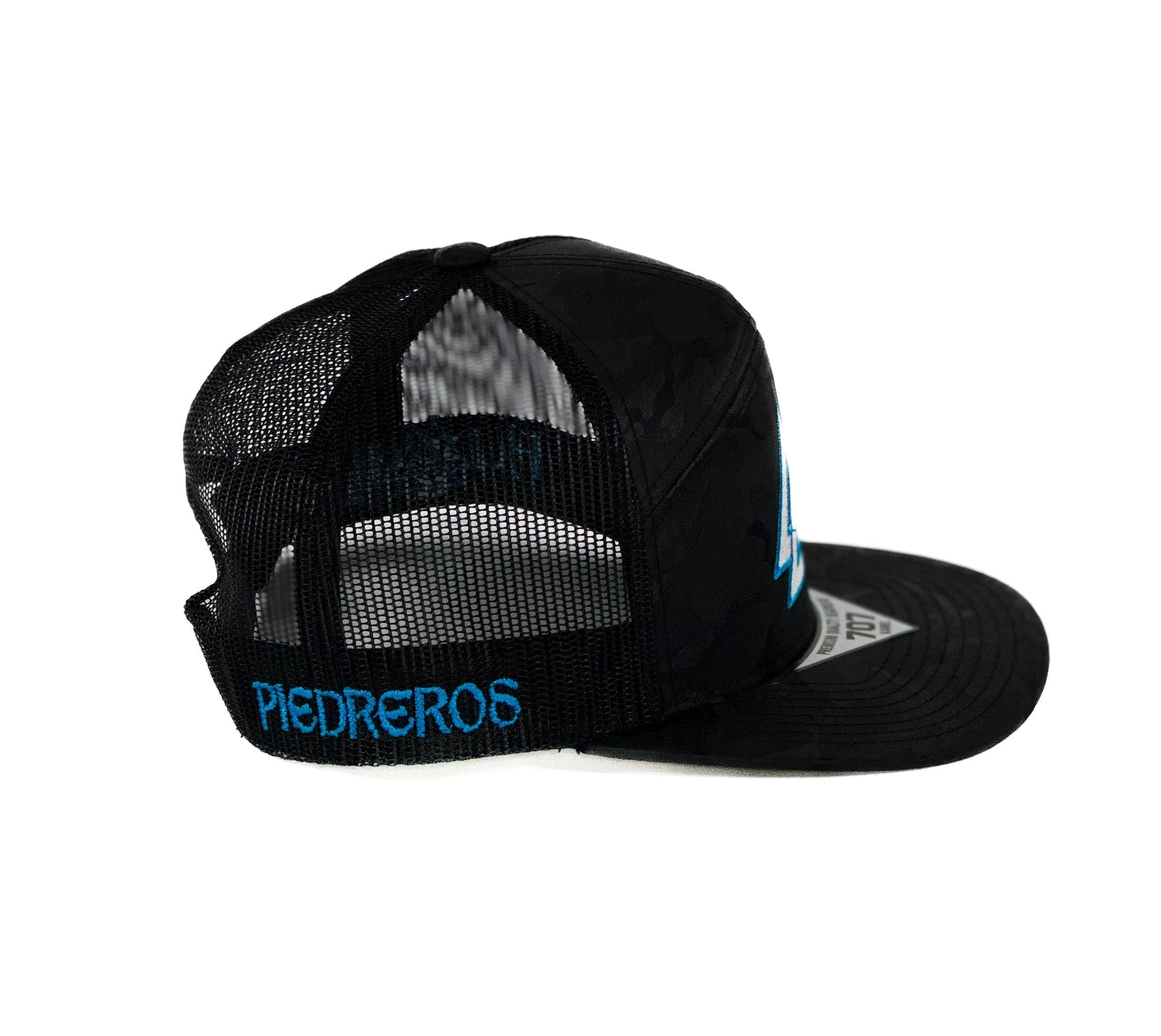 Black mesh Cap with black Camo and white with blue triangle cuadra piedreros logo