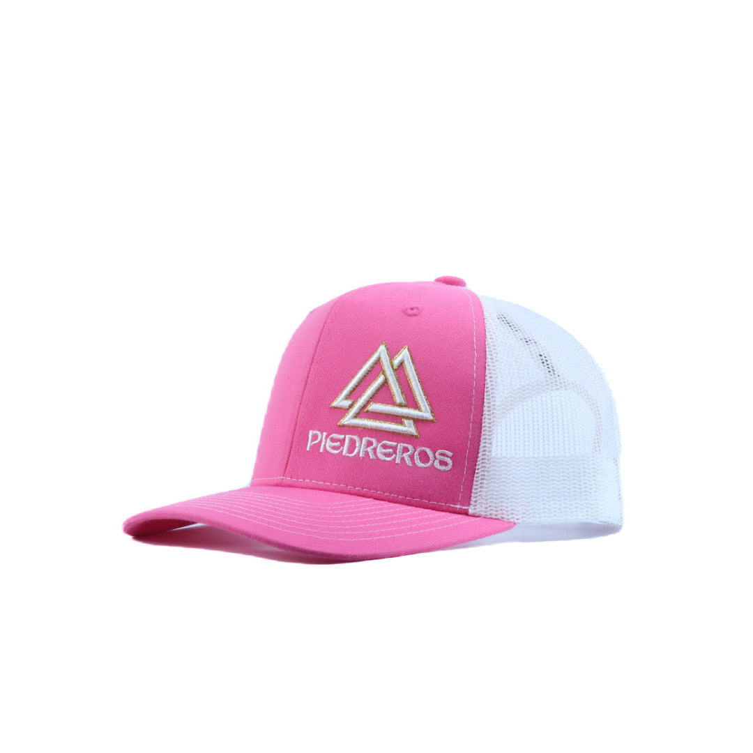 Pink mesh cap with white and gold logo