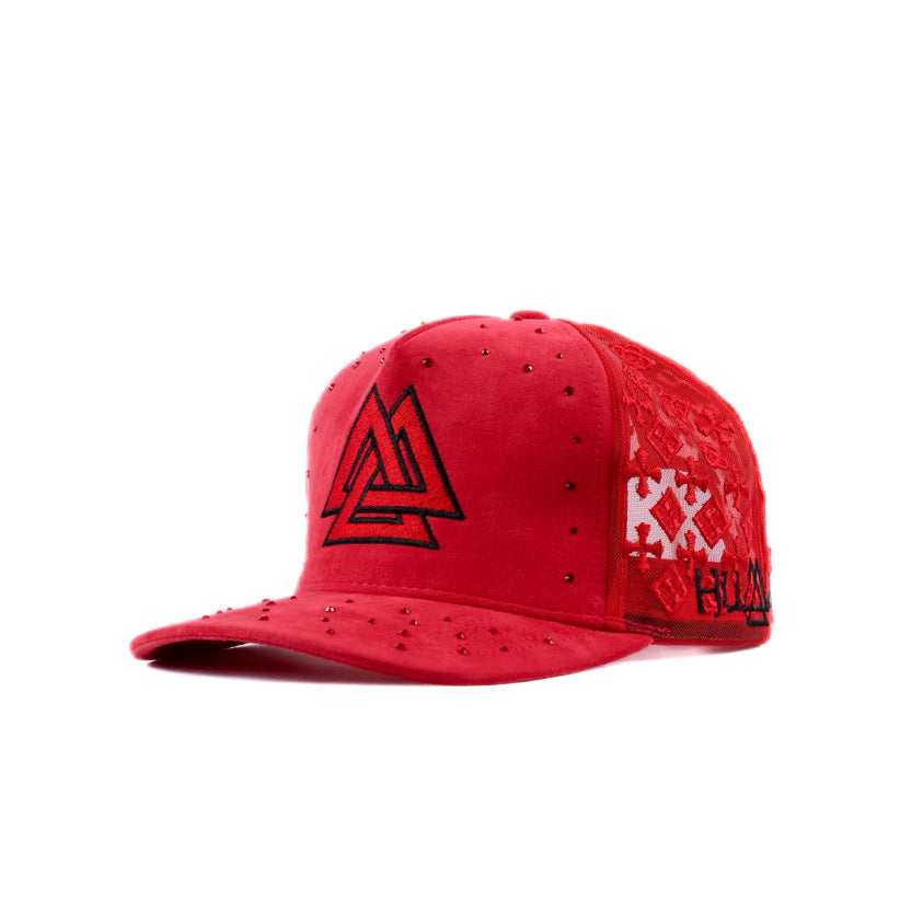 Red cap with rhinestones and red and black logo