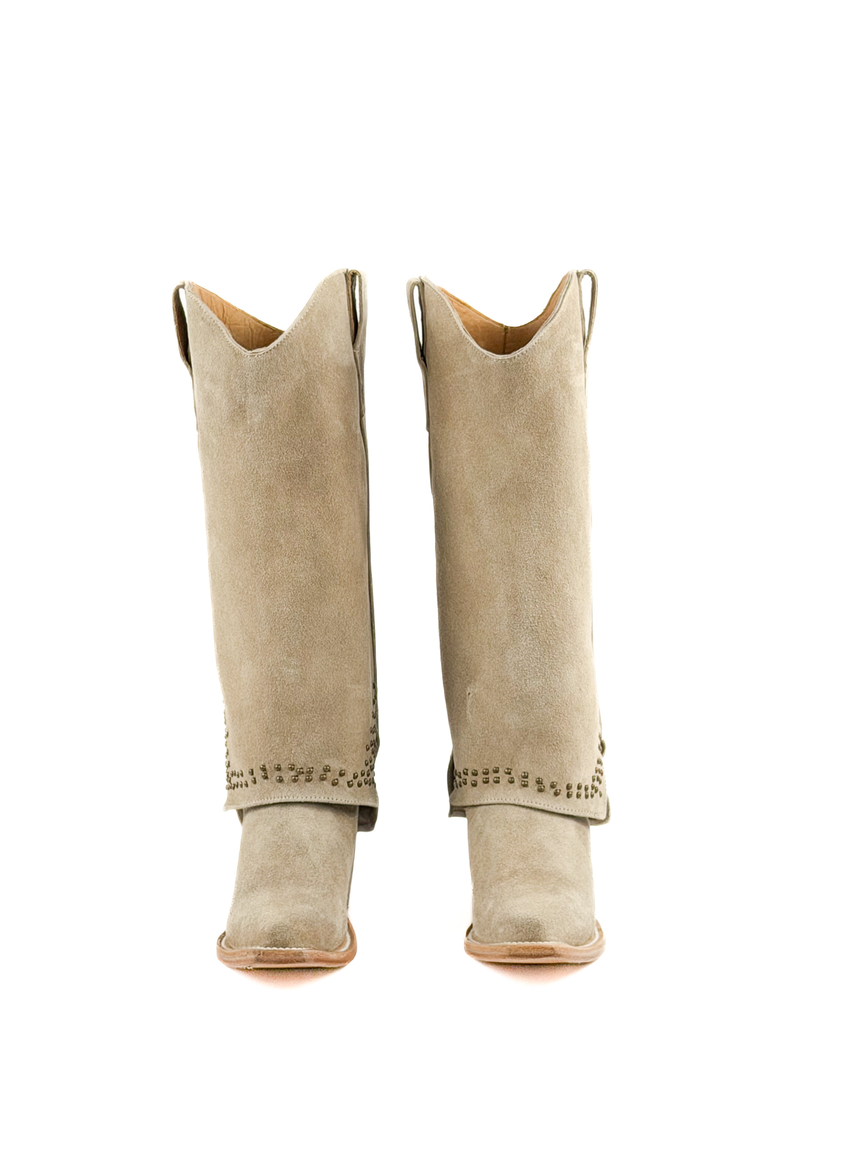 Pair of beige snip toe women’s boots with studded shaft