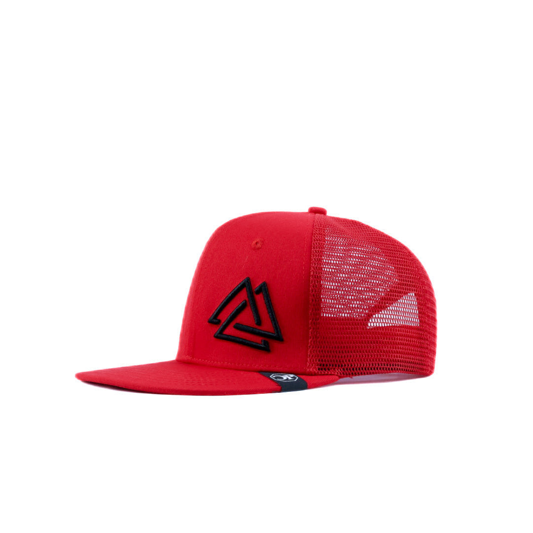 Red cap with a black piedreros logo 