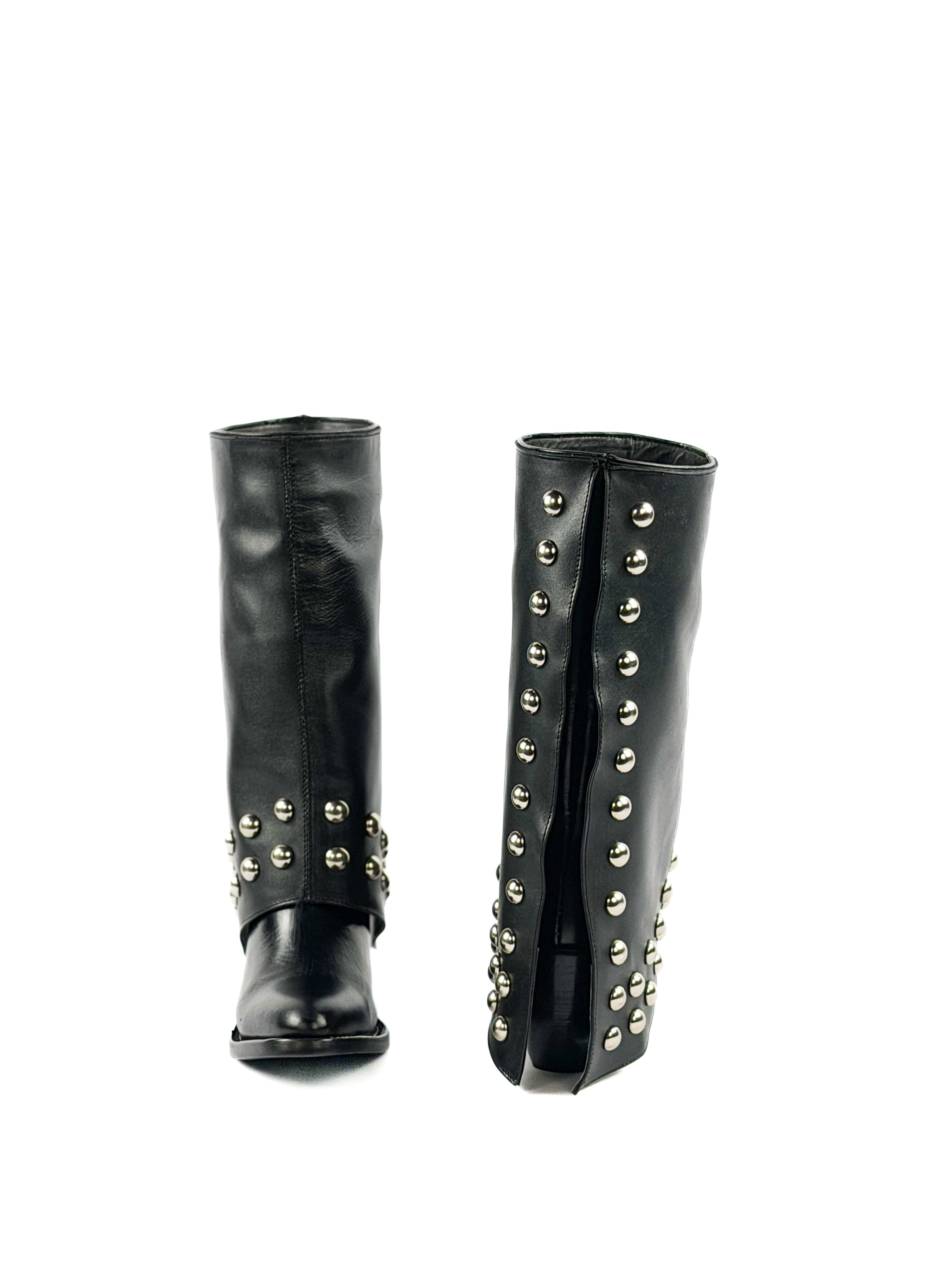 Black studded mid calf round toe boots 