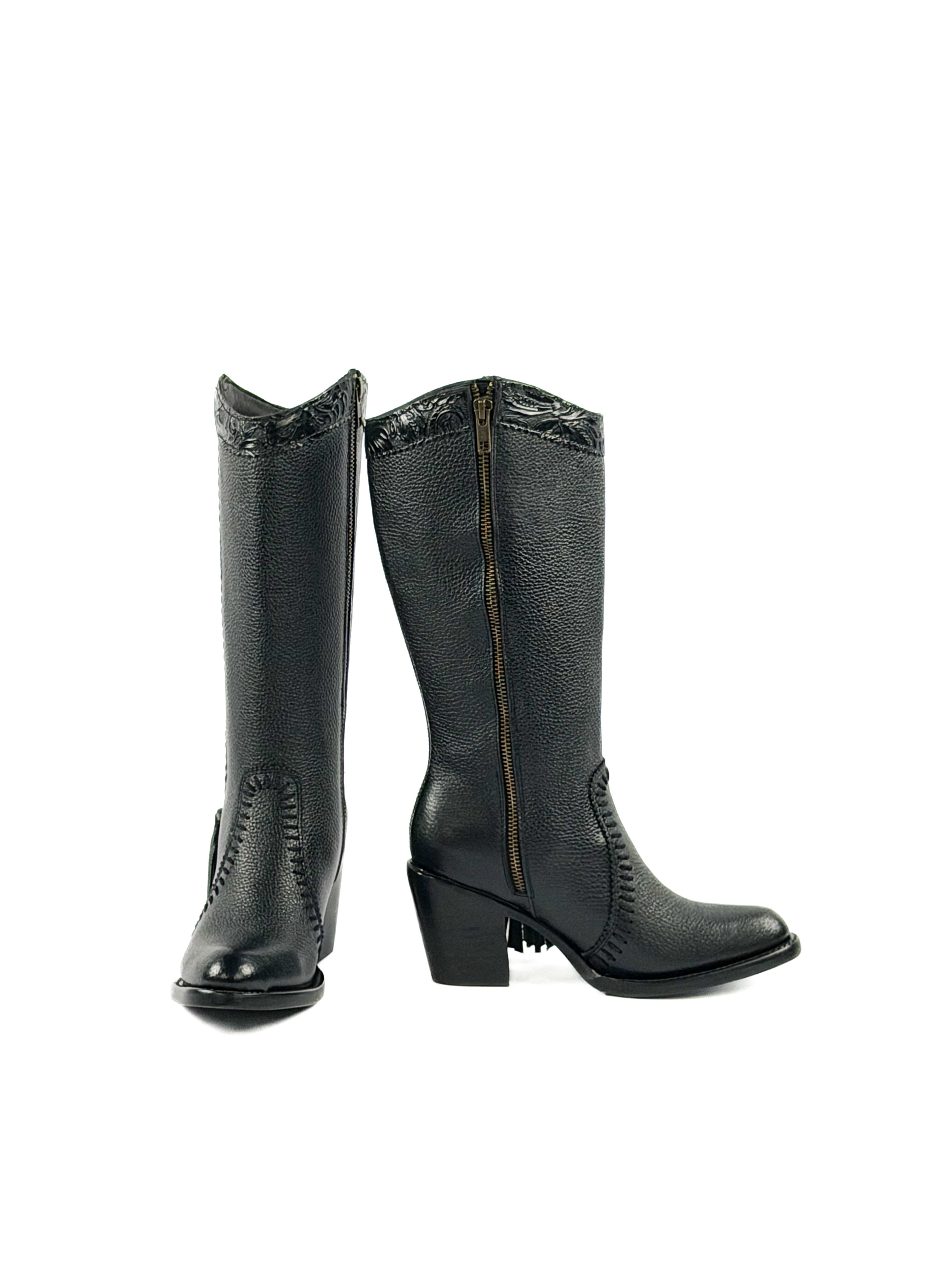 A pair of round toe black boots with a 3 inch heel and adorned elements on the shaft