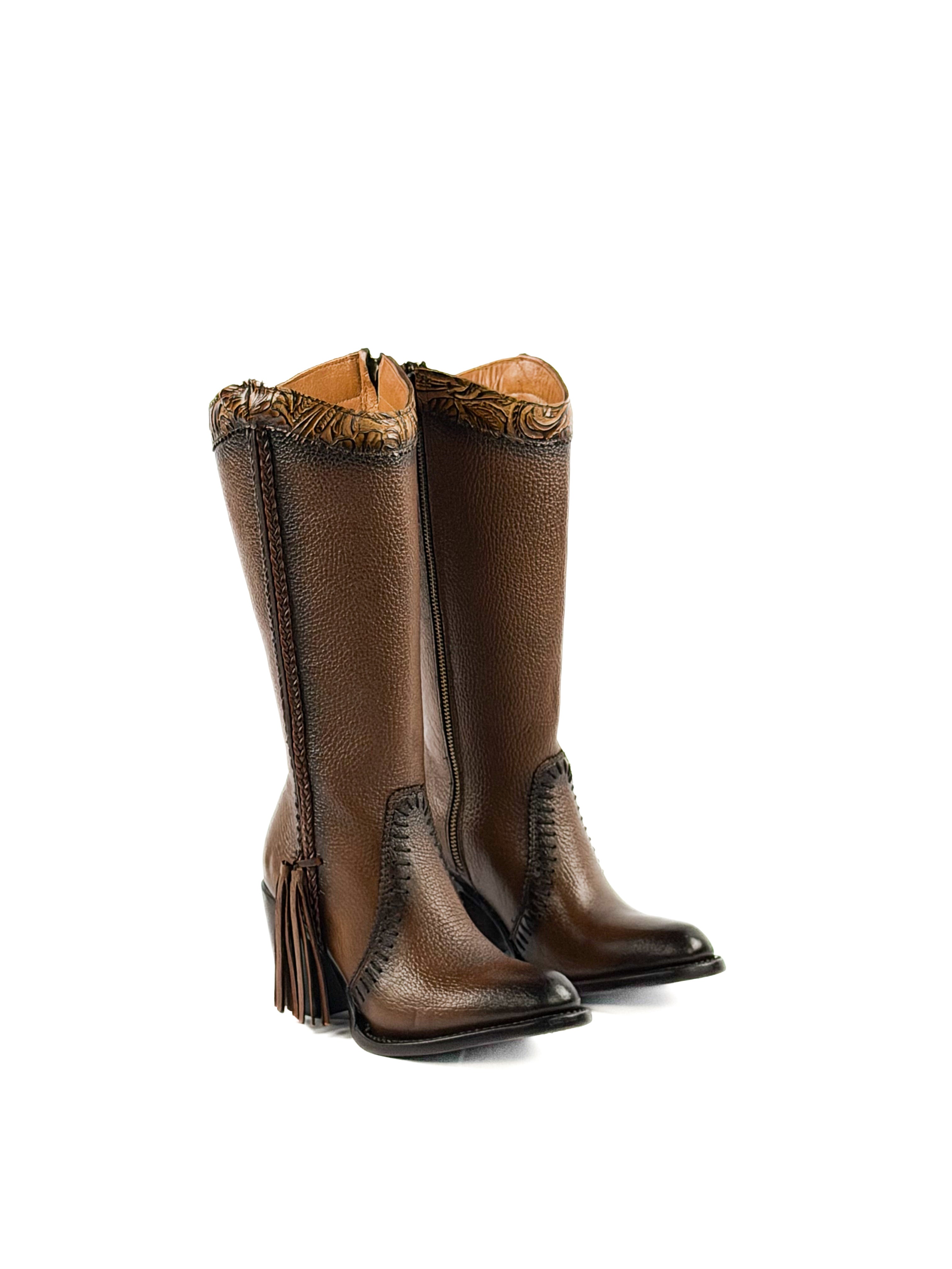 Pair of round toe honey brown leather boots with decorative elements