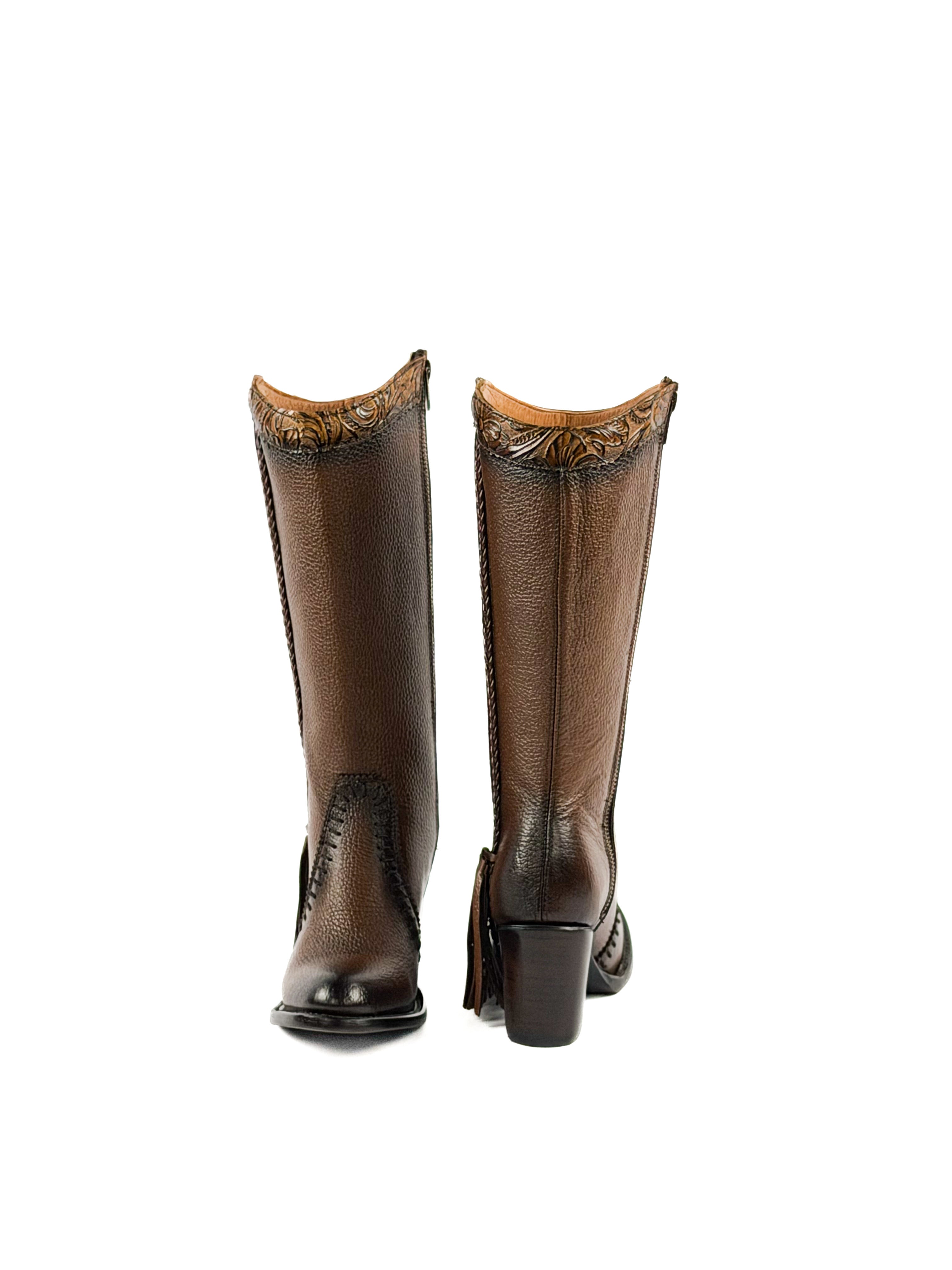 Pair of round toe honey brown leather boots with decorative elements