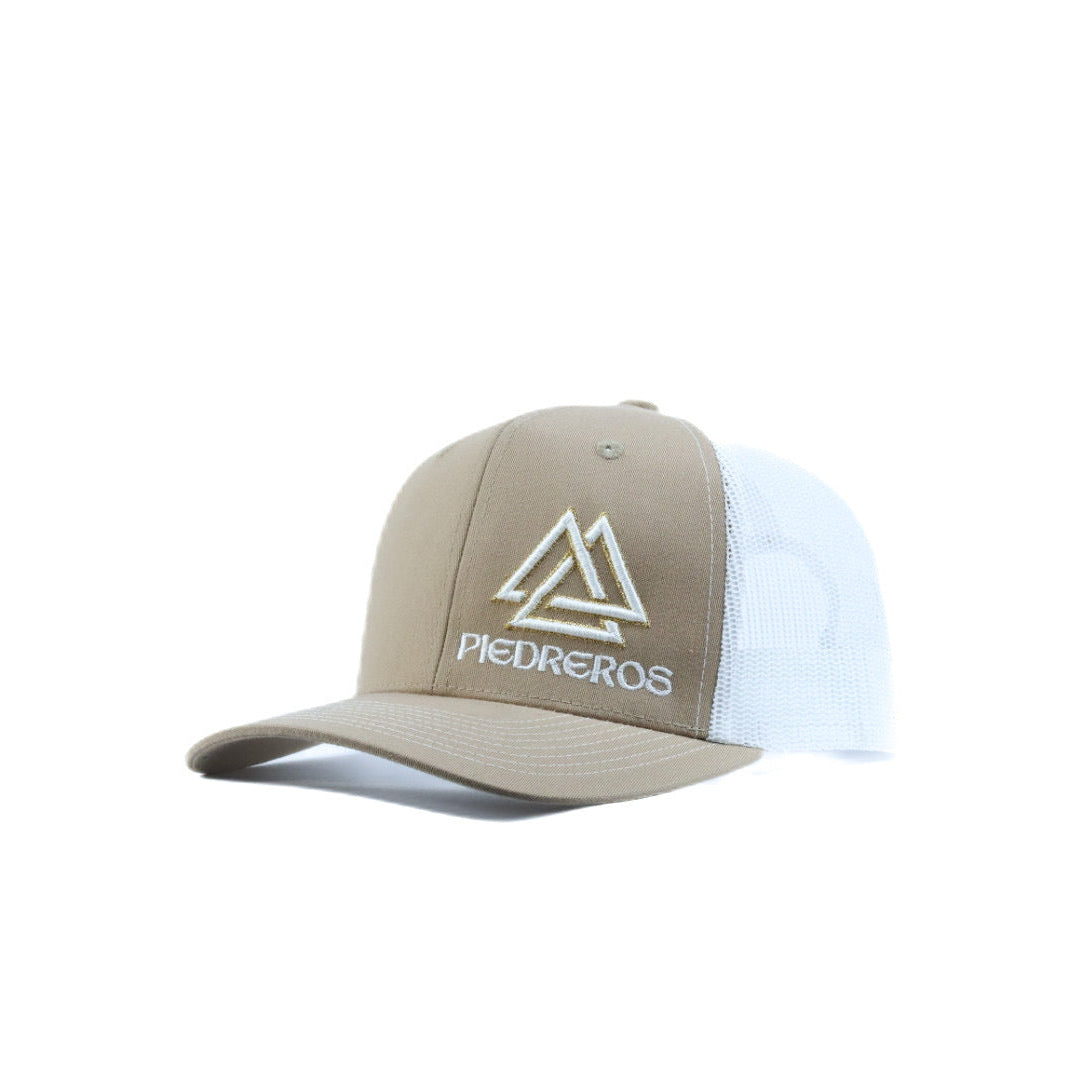 Beige and white cap with a white and gold logo 