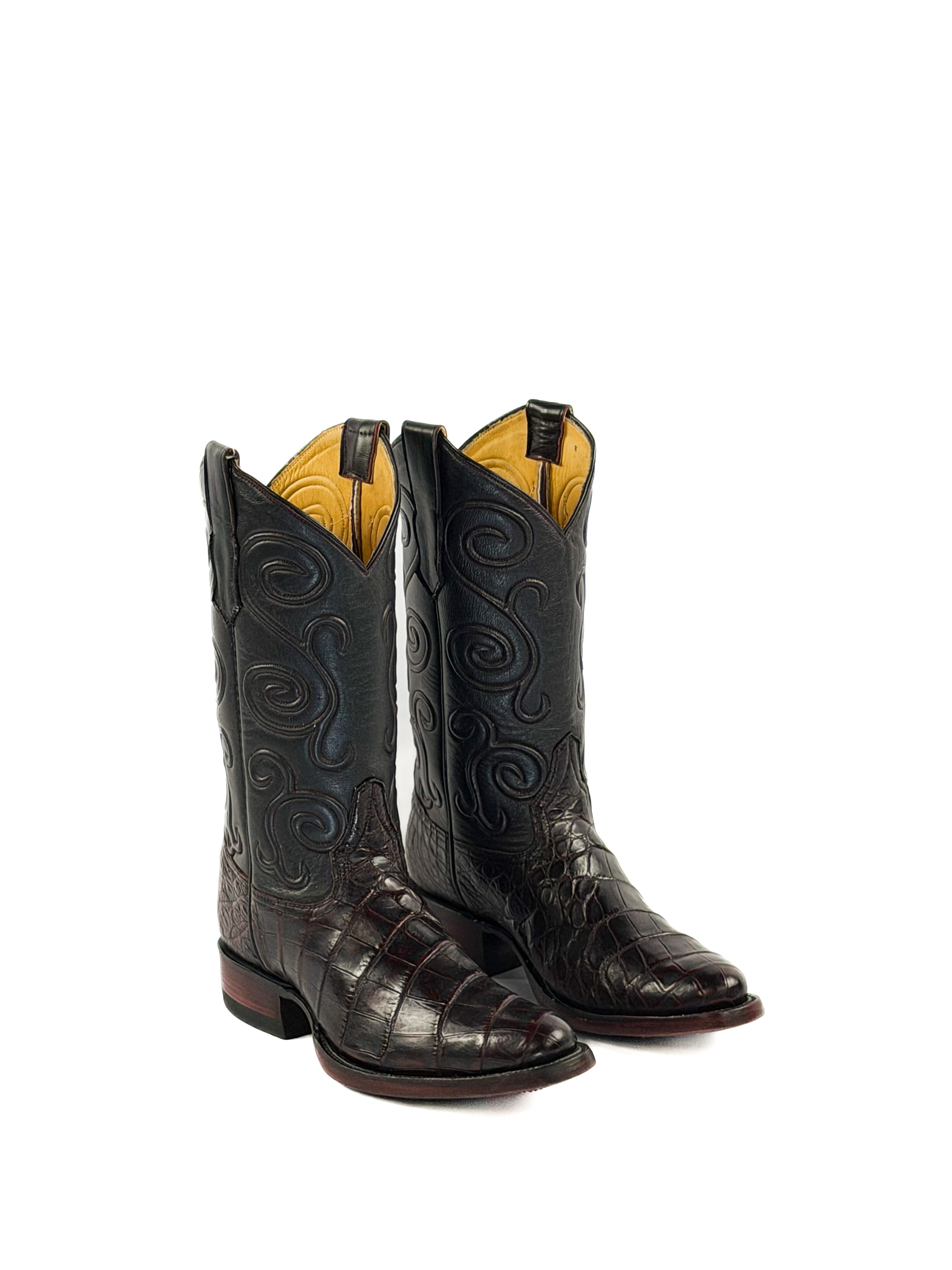 Pair of black cherry round toe boots with a black cording upper shaft