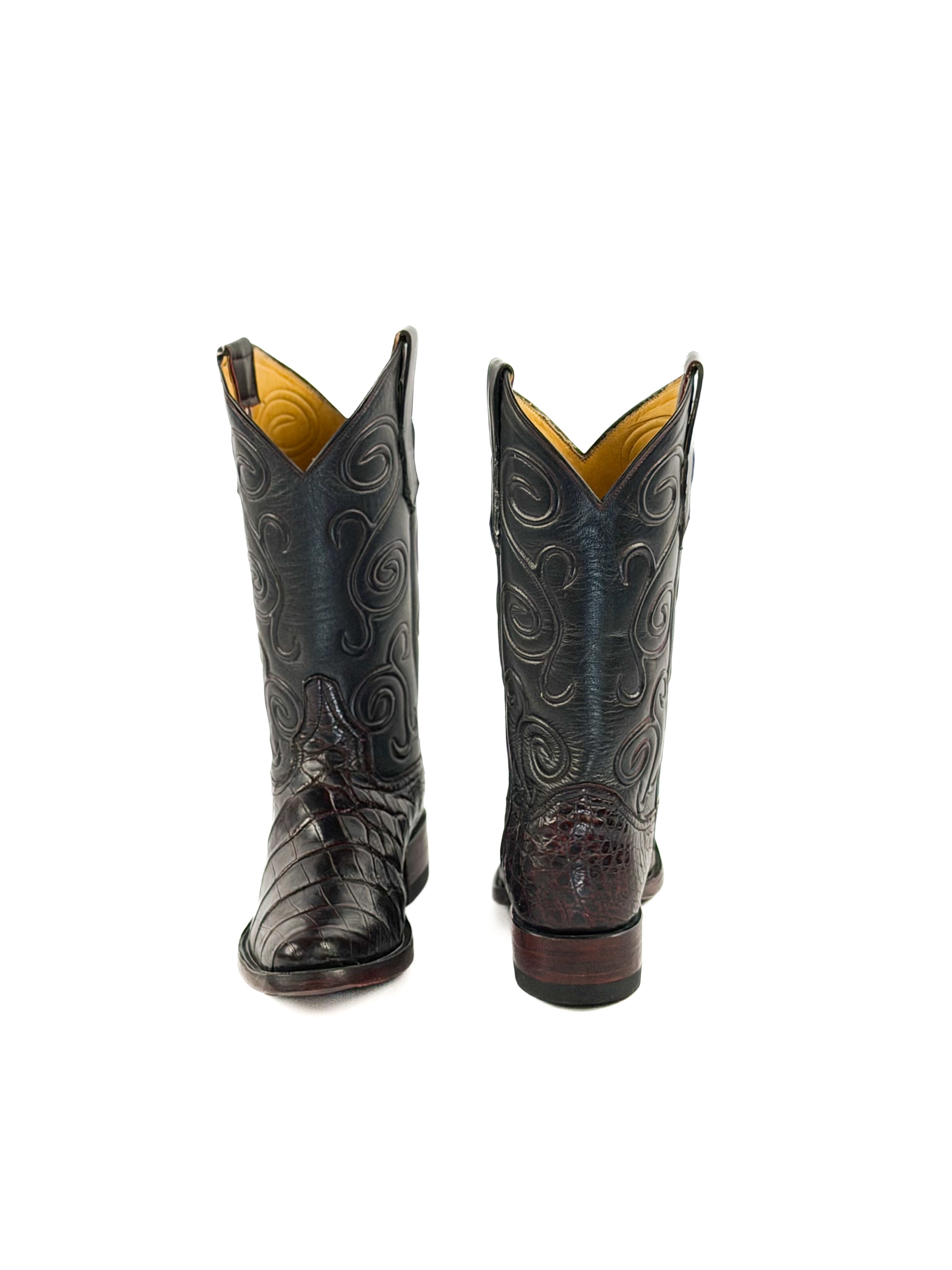 Pair of black cherry round toe boots with a black cording upper shaft