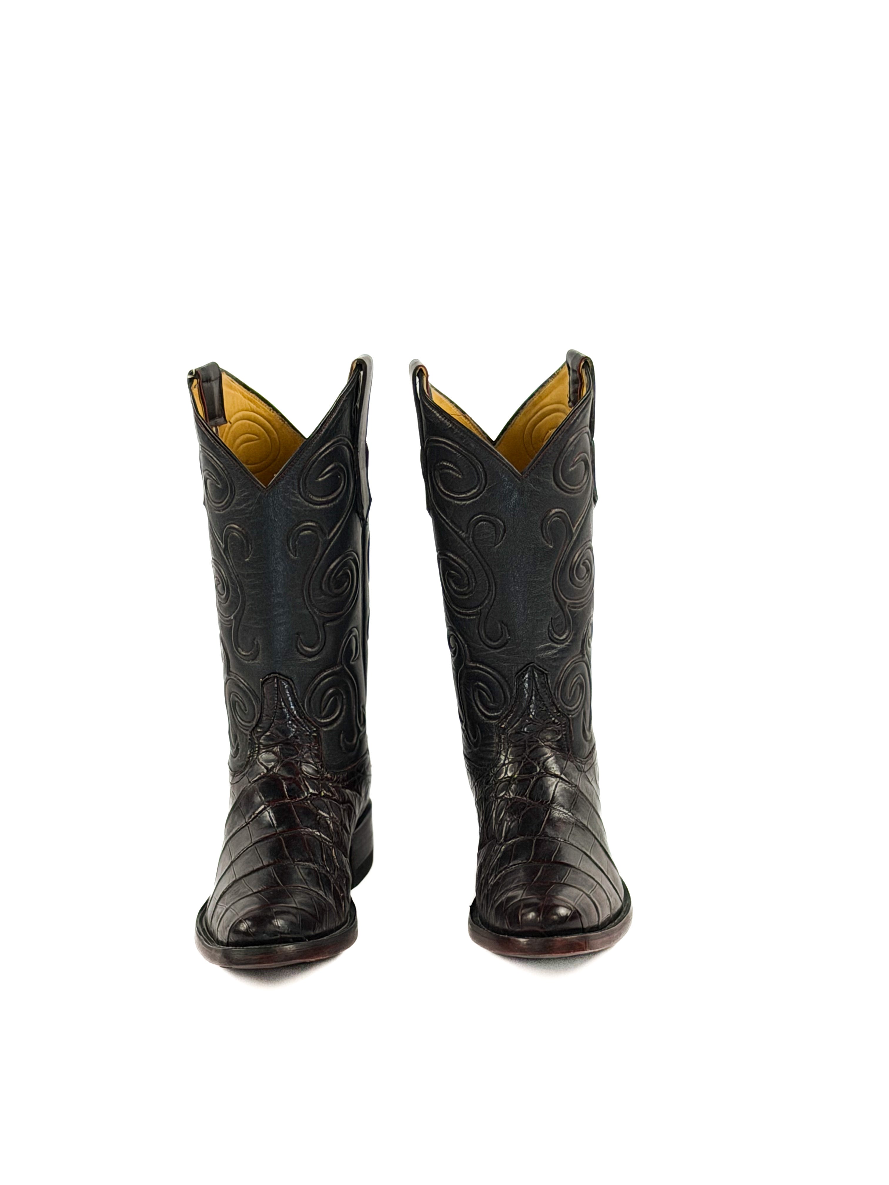Pair of black cherry round toe boots with a black cording upper shaft