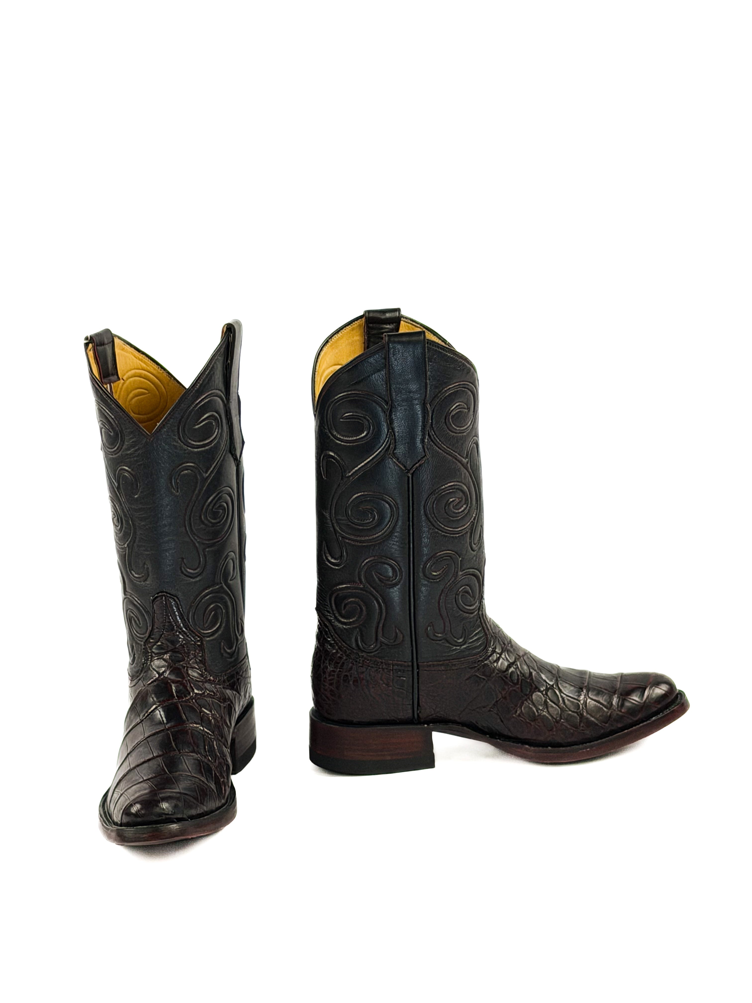 Pair of black cherry round toe boots with a black cording upper shaft